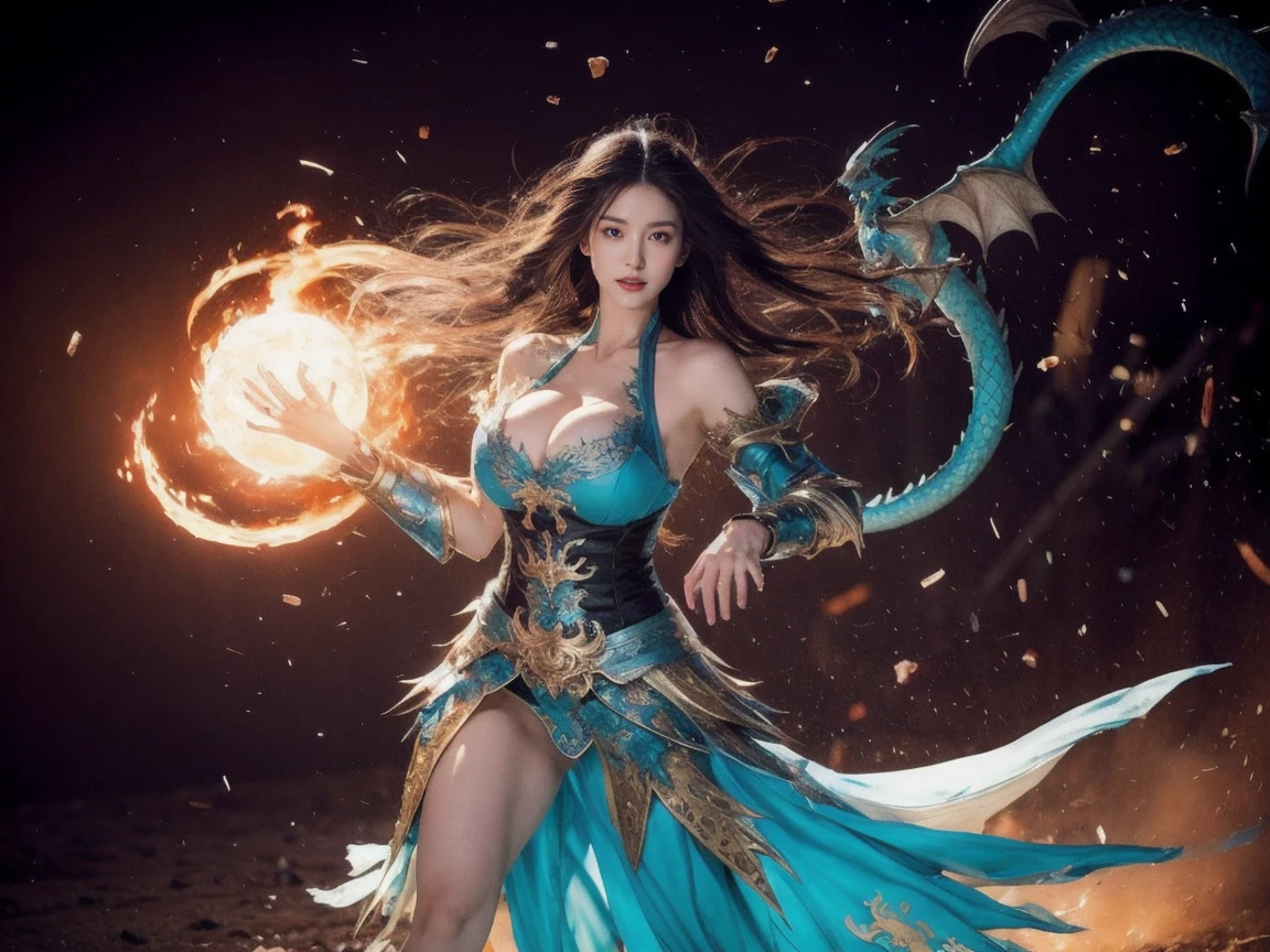 (half body photo), (random standing pose), ( Big tits, Big cleavage), (Small waist, slender legs),1girl, A beautiful Korean idol girl, charming, dragon,(Dragons floated in the air around her:1.3), very white skin, brown colored hair, blue eyes, Wear Thai Dress, luxurious palace, pretty, devil,(dragon  background:1.3),   rainbow color, A vibrant, stylized rendering of in his Gear 4 form, dragon, white color, surrounded by a swirling maelstrom of energy,wearing a black armor-dress, she has black wavy hair with a streak of white hair, around her a powerful serpent is her pet, fantasy art, raytraced, light particles, art by Mschiffer,