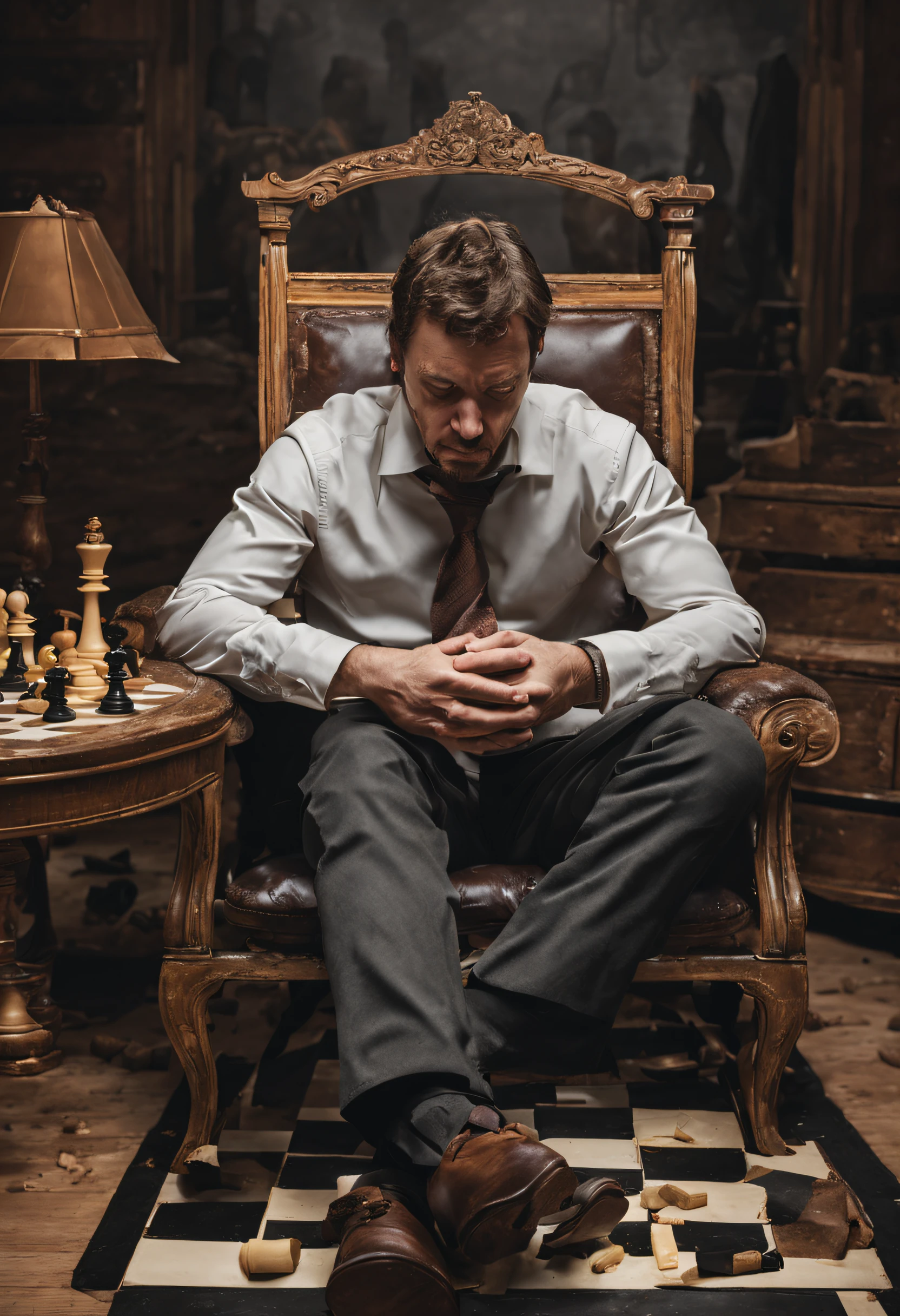 A defeated chess player, slumped in their chair with a look of despair on their face, surrounded by the remnants of their failed strategy.