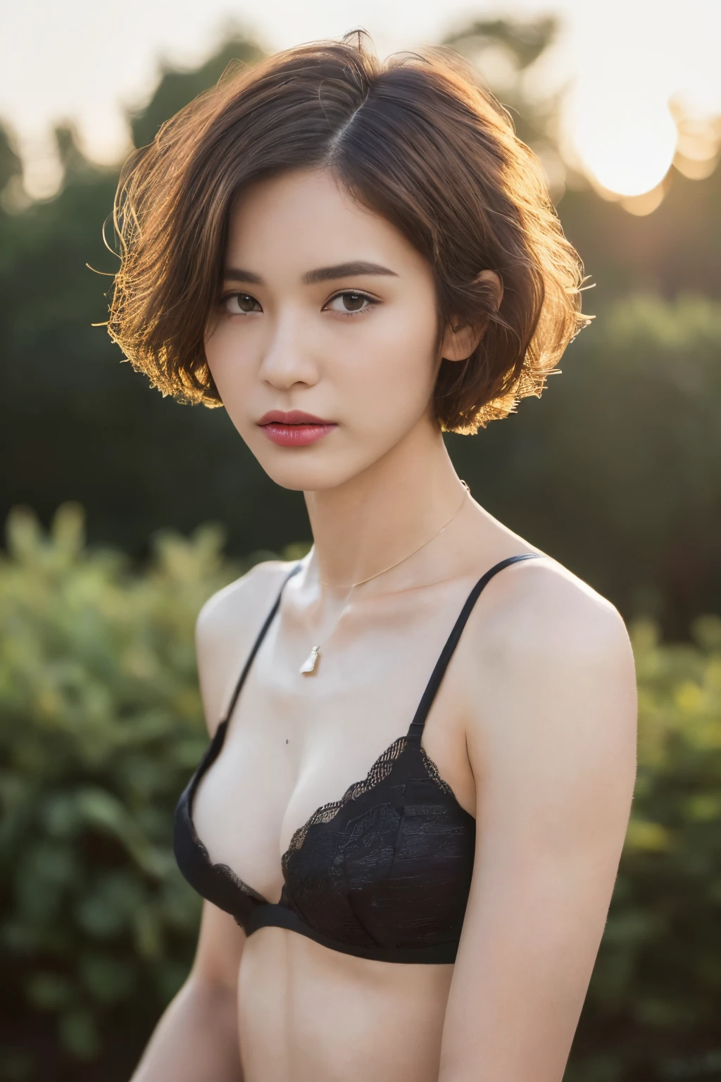 ((top-quality、8K、​masterpiece: 1.erfect Body Beauty: 1.4、Slender Abs: 1.2、Beautiful woman with slender abs:1.3、(Highlight Haircutreast B Cup:1.2), medium breast, round shape breast, perfect shape breast, ((( wear black bralette))), pubic hair,hight pubic bone,  necklace, hyperdetailed face、18year old、 Pretty women、(Dark brown short-cut hair), Slim Face、Highly detailed facial and skin texture、very detailed lips、opens legs、top-quality、​masterpiece、超A high resolution、(Photorealsitic:1.4), walked forward confidently, long shot , (outdoor), bright background, sunset light,