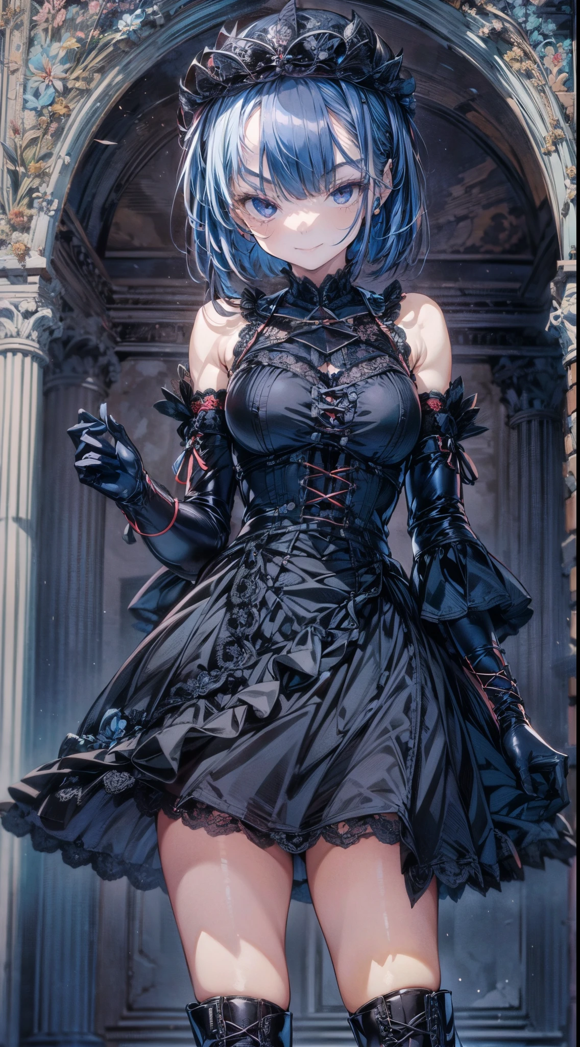 1girl, solo, elegance, anime style, dark blue hair, straight short bob, sanpaku eyes, unpleasant smile, black gothic elegant dress, black latex gloves, white lace-up boot, rawphotography.