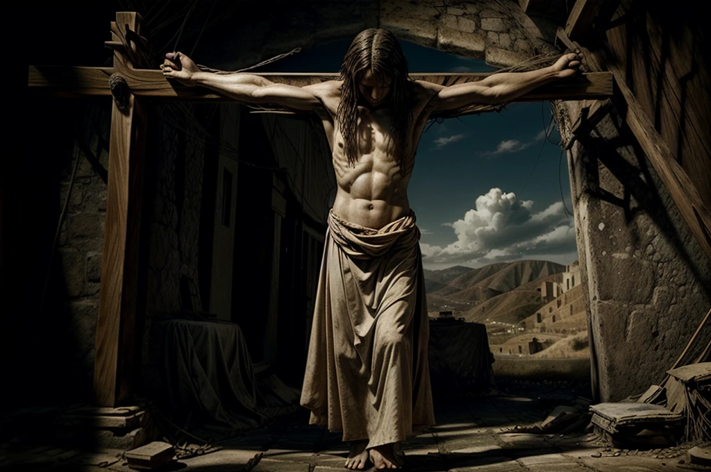 Cristo na cruz, sofrimento, rosto deturpado, What God is this? That God allows such barbarity? They are His image and likeness. todo! Que pecados possuem este povo? It's because your ancestors participated in the crucifixion of Jesus?? Que direito tem seus algozes? What is this debt that cannot be paid?? profano, obras de arte, no jardim, Very high detail, cinematic composition, dramatic light, deformation, Tiro Super Largo, hiper-realista