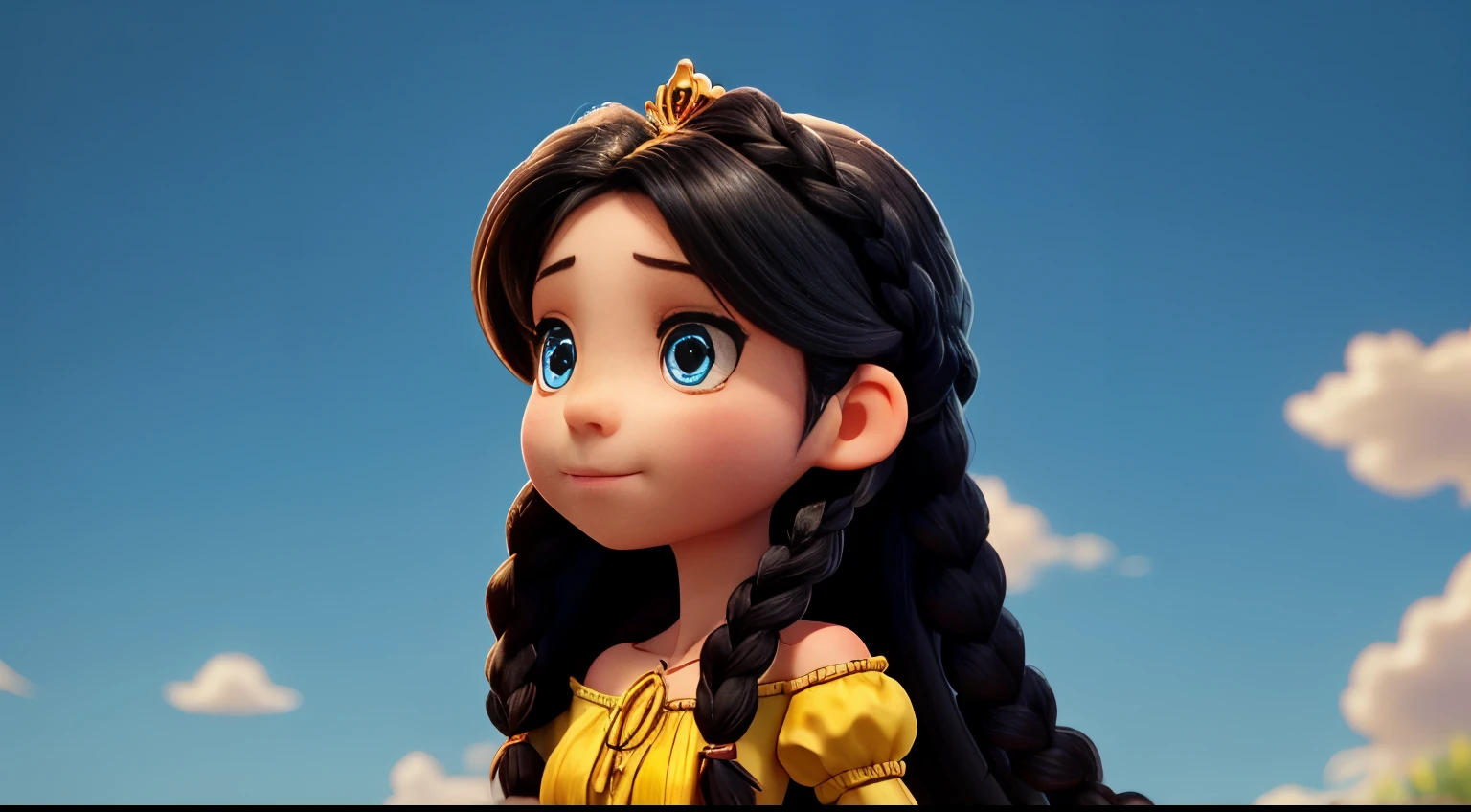 The good princess has long black hair, blue eyes, fair skin, and wears a very modest yellow dress. She has two braids that cascade down to her shoulders, and the dress is made of tattered rags.The princess is in profile to the camera