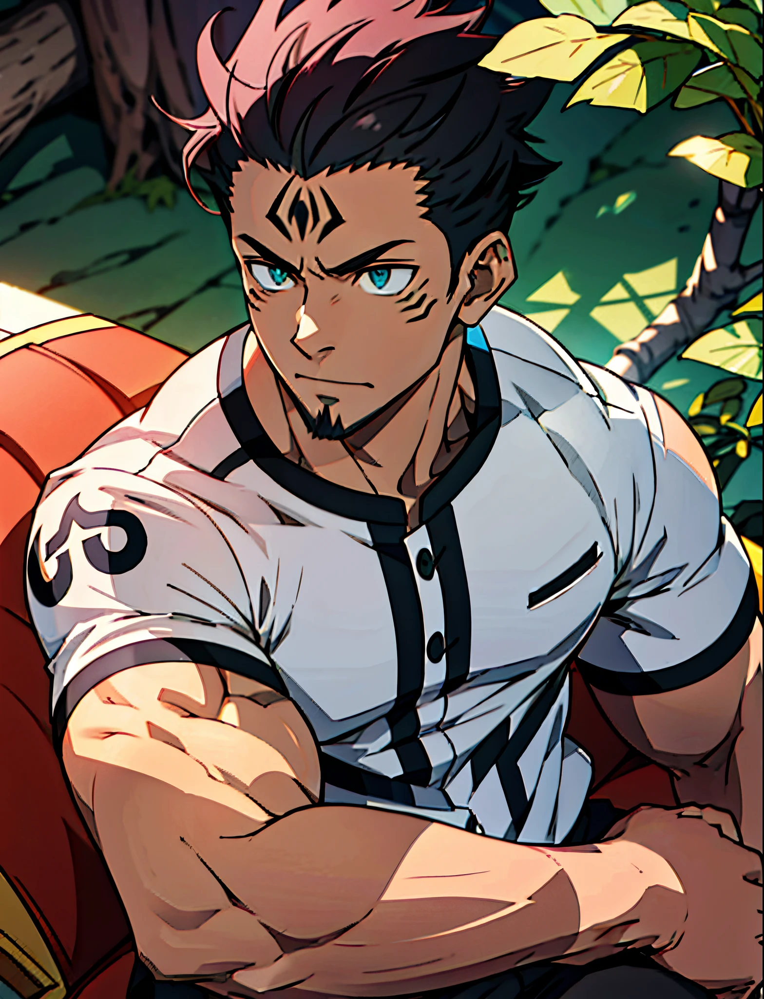 best quality, master part, no expression, ultra high-resolution, Antecedentes detalhados, sozinho, musculoso masculino, short hair, sentado, sofa, sombra e luz reais,profundidade de campo, Sukuna um homem com cabelo rosa e sem camisa, tatuagem_ryoumen, tatuagem_em_hiace, foco ocular, manly, maduro,