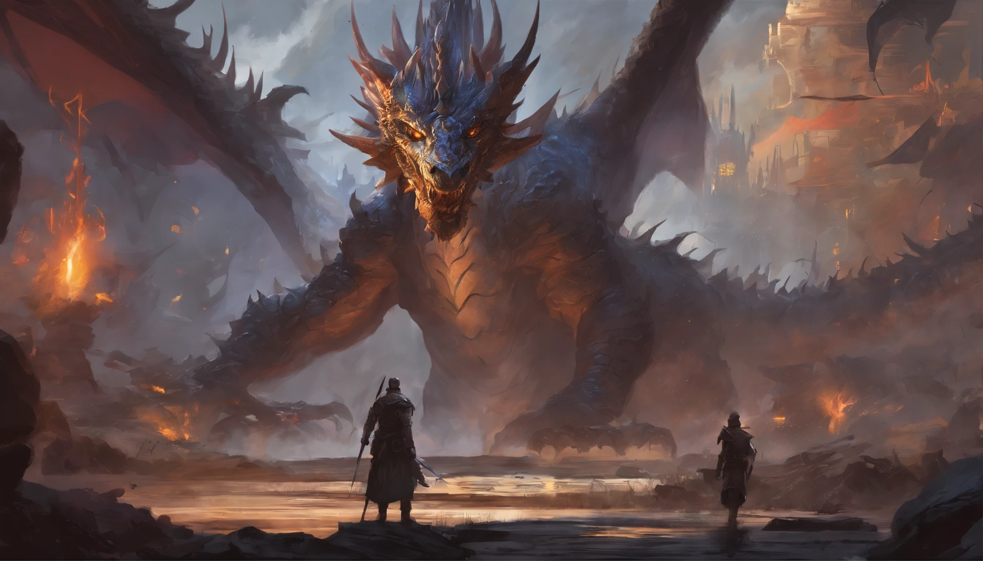 There is a big dragon,huge head,The body is huge, Horrible dragon,combats, dead body, blood vess, Sateen, samurais, Guy, long sword, sword clash, jogging, arrow shot, beam of light, ogre, Three people, struggle, violent art style, epic fantasy card game art, Highly detailed fantasy art, Detailed digital 2D fantasy art, Epic Fantasy Artwork, detailed fantasy art, epic fantasy card game art, undercity&dragon fantasy art, Surreal D & D fantasy art, Symmetrically spectacular fantasy art, Robot dragon portrait