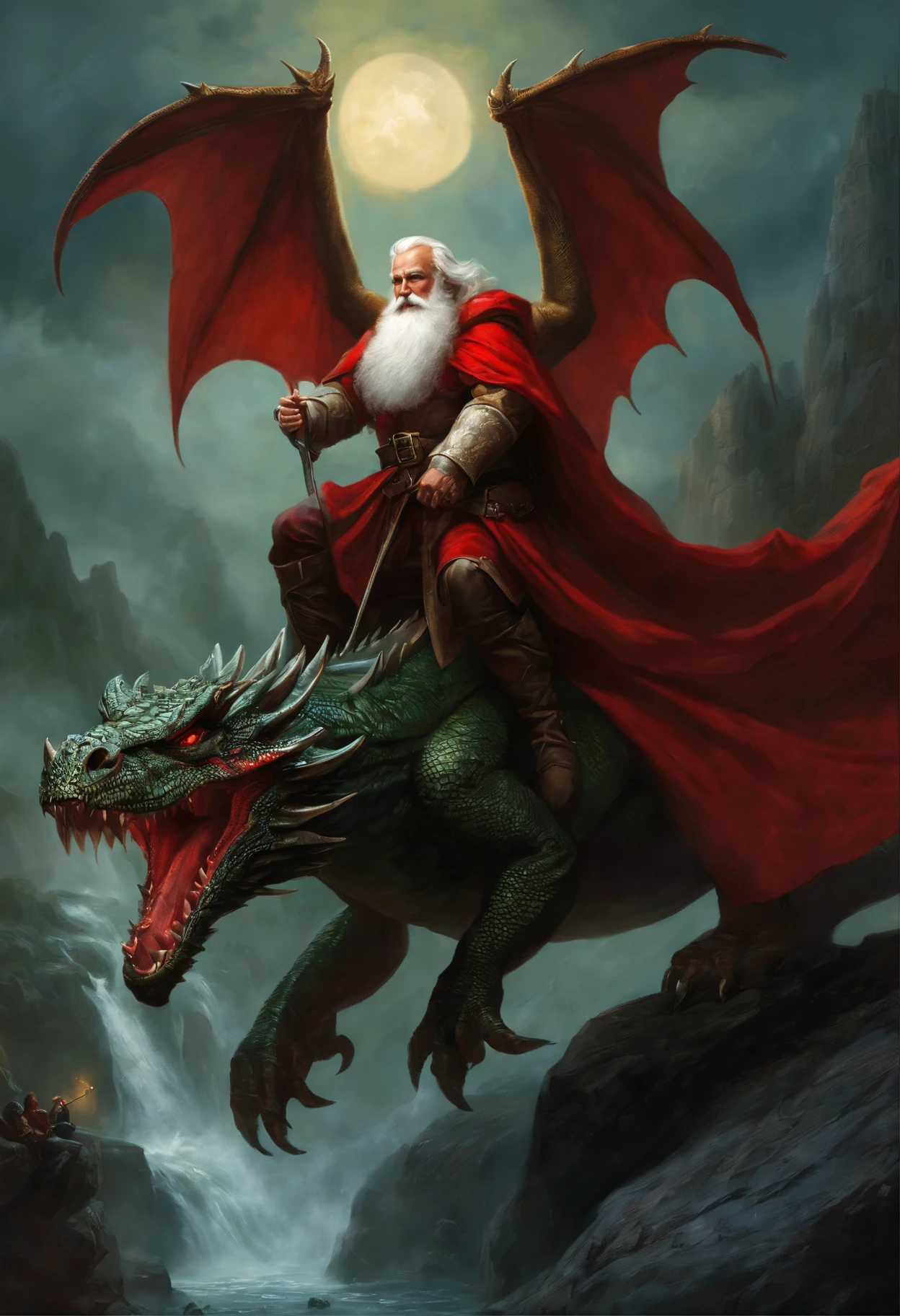 Painting of Santa riding a dragon wearing a red cape and red cape, Riding a dragon, fat dragon with rider, Santa, Dragon Rider, Jesus riding a dragon, Anne Stokes, Dave Dorman, Joe Biden riding a dragon, Winds of Winter, Гиперреалистичный D & D Фэнтезийное искусство, Darrell K. Collapsed, dungeons and dragons fantasy art, fighting a dragon