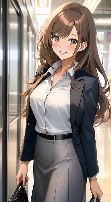 Anime style, Film Portrait Photography, 1womanl, a smile, ssmile, Beautuful Women, full bodyesbian, lightbrown hair, Semi-long hair, woman wearing a gray shirt, Woman in business suit, long  skirt,  businesswoman,　(Natural skin texture Vibrant details, hyper realisitic)
