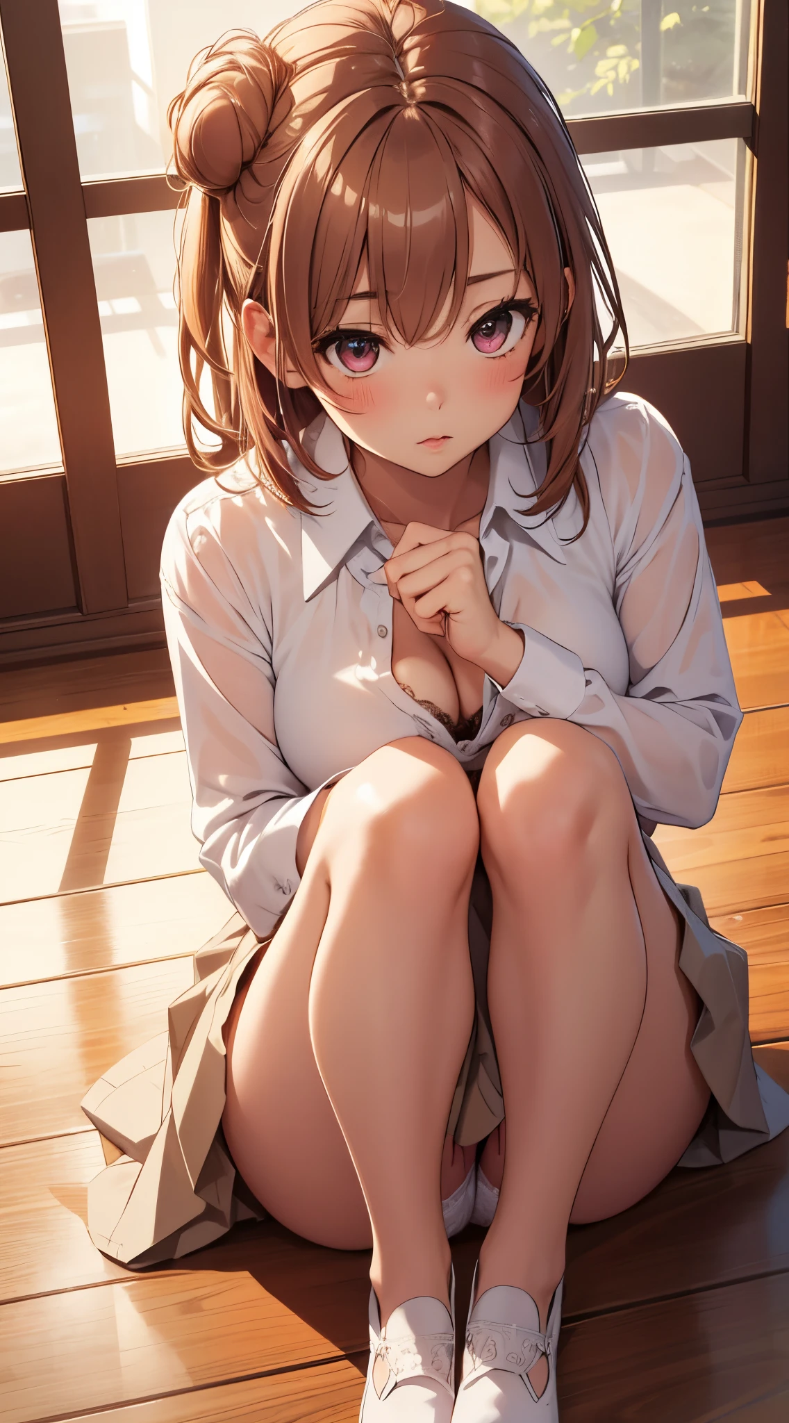 1girl, solo, masterpiece, best quality, high res, highly detailed, (illustration), beatiful detailed eyes, yuigahama yui, single hair bun, glossy lips, light makeup, blush, wood floor, sitting, white shirt, short pleated skirt, (knees bent:1.2), lace panties, cleavage