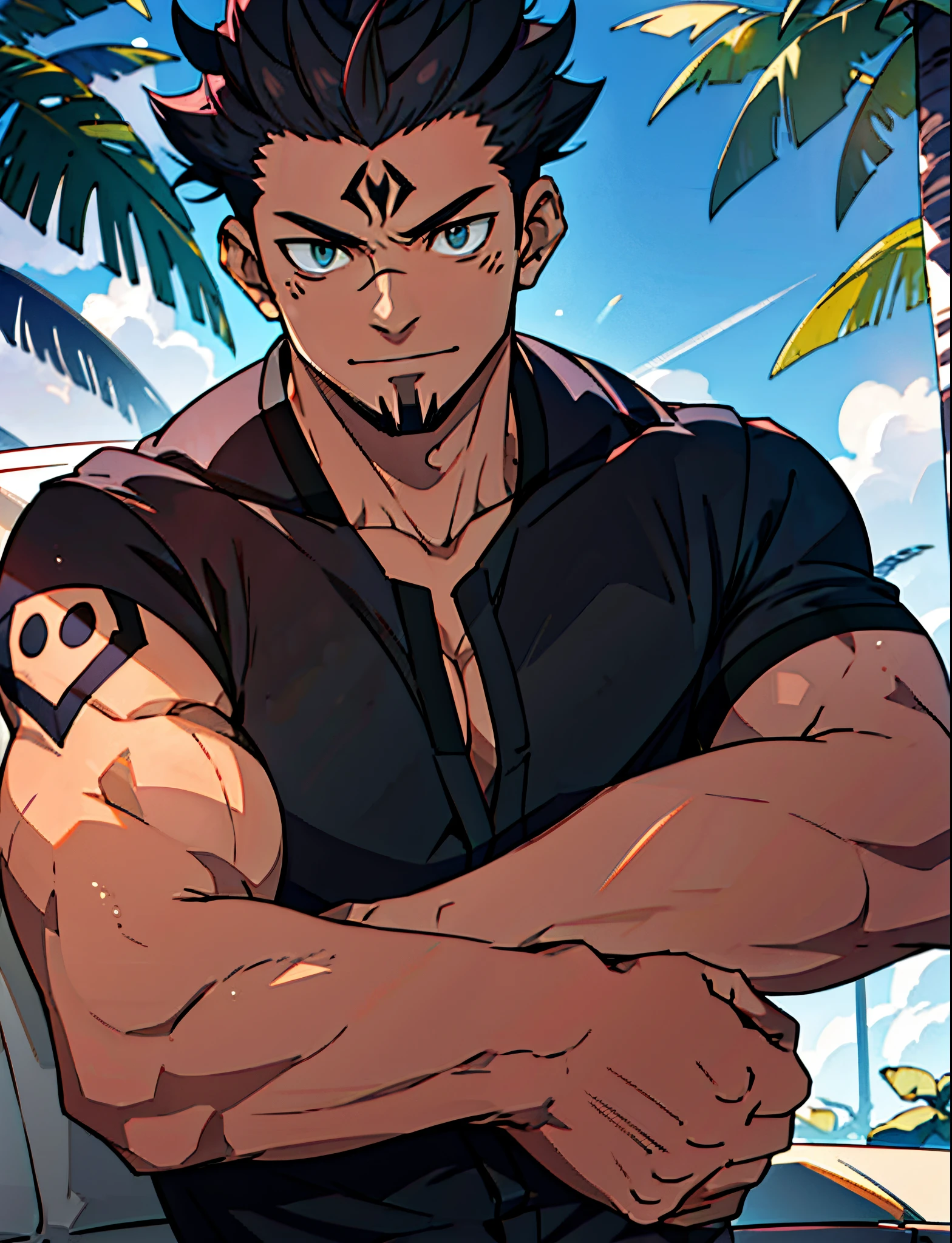 best quality, master part, no expression, ultra high-resolution, Antecedentes detalhados, sozinho, musculoso masculino, short hair, sentado, sofa, sombra e luz reais,profundidade de campo, Sukuna um homem com cabelo rosa e sem camisa, tatuagem_ryoumen, tatuagem_em_hiace, foco ocular, manly, maduro,