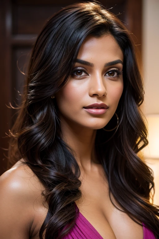Portrait of Indian most beautiful and attractive woman in her 30s as a beautiful female model, beautiful face, [[Long Brunette Shag with Subtle Highlights]] Her dark hair falls in loose waves around her face, dramatic lighting, trending on art-station, portrait, digital art, modern, sleek, highly detailed, formal, determined, pink liner lipstick, soft lips, black eyes, happy, naked