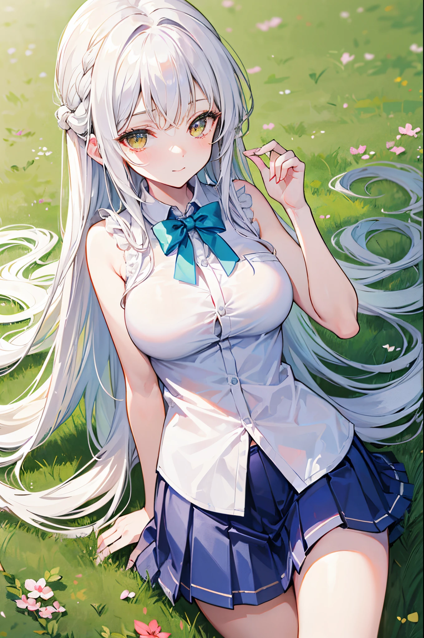white haired young woman, 25 years old, Adult body, golden eyes, long-haired,Green braid tied in bows left and right.......Big breasts..,, Wear a blue sleeveless shirt......button up. White short skirt, Walk on the grass with a slight smile on your face....................