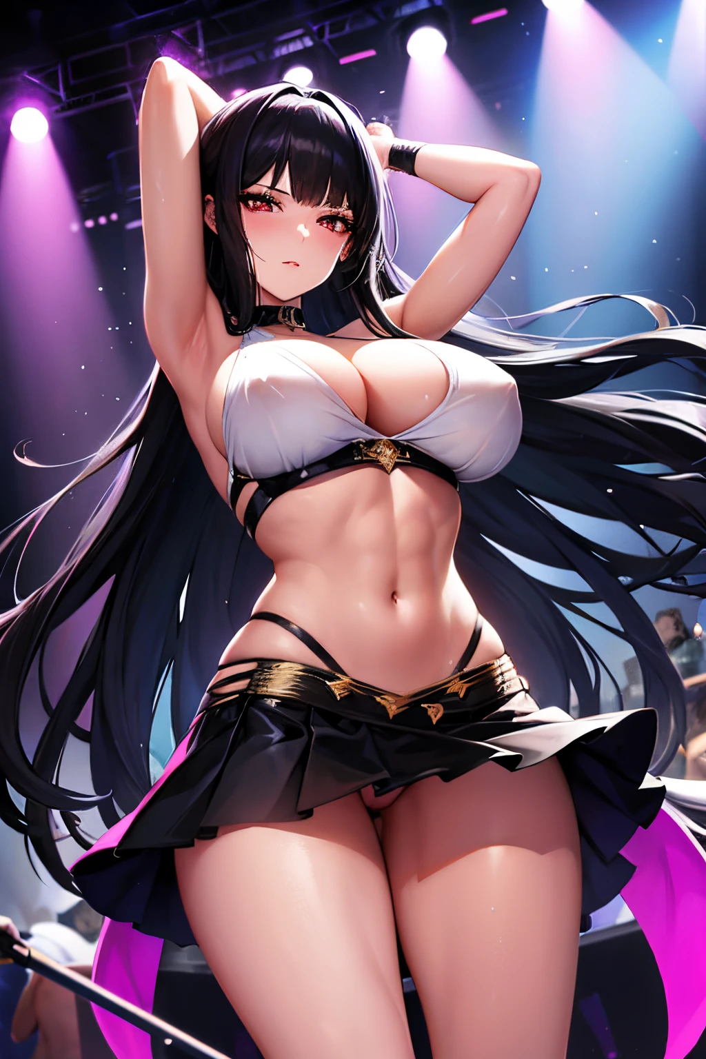 Beautiful girl, long black hair, stage, spotlight, dancer, wet skin, shiny skin, abs, idol costume, skirt, big breasts, cleavage, sexy,