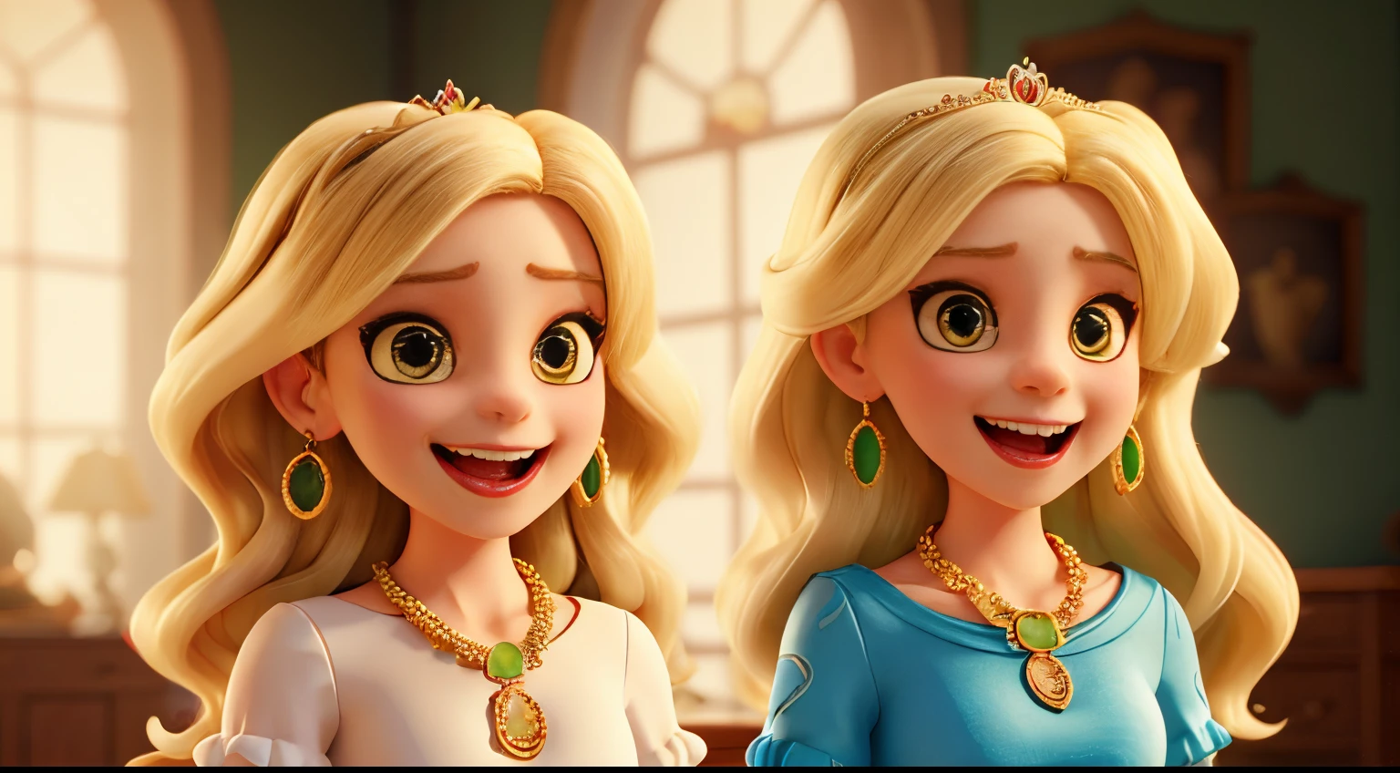 Two sisters with white skin and blonde hair, snake-like gazes, demonic laughter, dressed in luxurious attire with necklaces, earrings, and tiaras