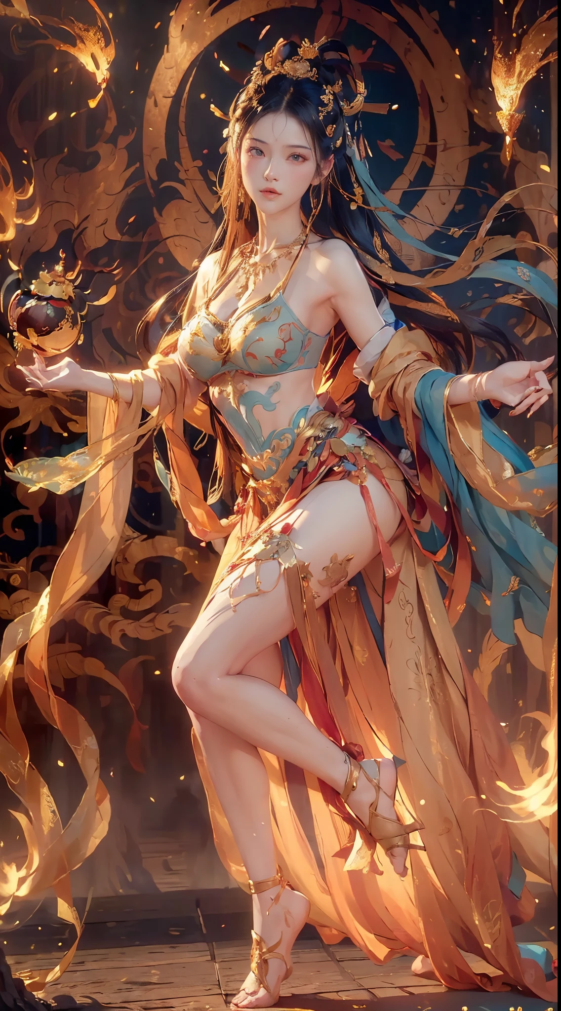 (Fullbody shot:1.5),(RAW photo, Best quality), (Realistic, photo-realistic:1.3), Highly detailed, Ultra-detailed, Small bra B cups，1girll, Dancing, Fire ball in her hand, Phoenix in background, Dynamic Angle, world mastery theater, Messy_Long_Hair, extremely detailed CG unity 8k wallpaper, ink, astounding, lenlare, dunhuang_Style, (big breasts beautiful+fanciful), (8k wallpaper:1.2+8k wallpaper:1.1), (art-style+art work) Perfect facial features, Super realistic, illustration, surrealism, cubismo, Best quality, Masterpiece, Best quality, High details, (2-legs,2-hand,5-finger in each hand)