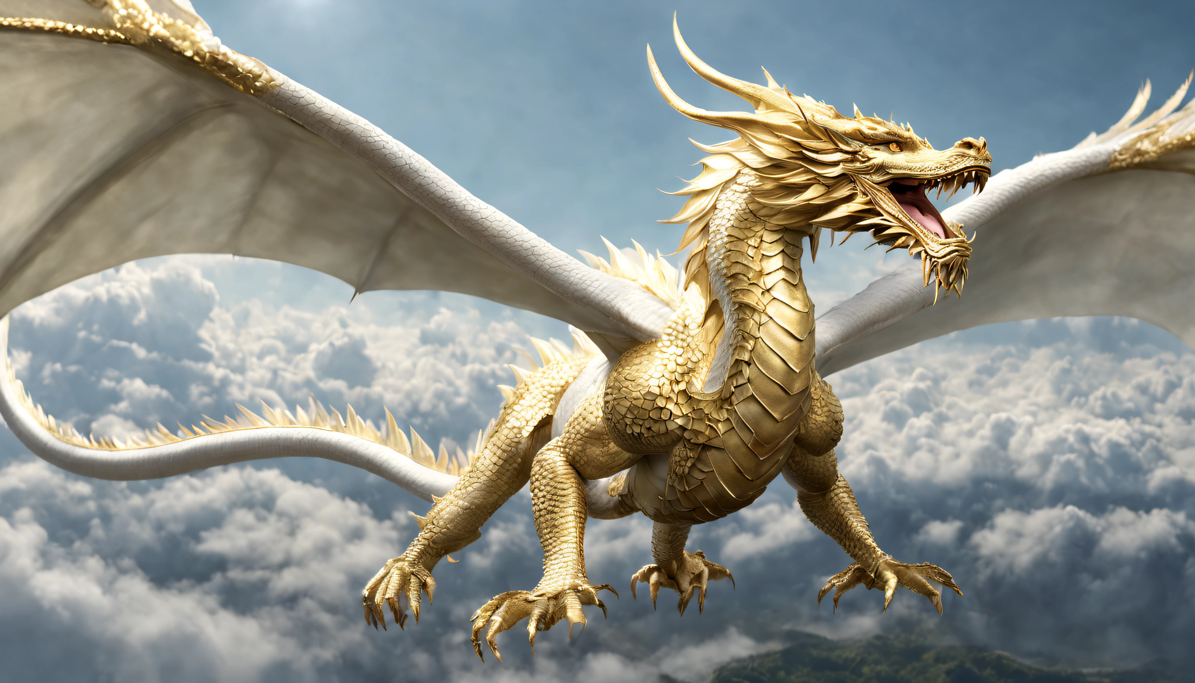 ultra realistic masterpiece HD 8k, very detail, real hairs, 2 very fine detail dragon, (ultra fine detail golden outline each scale all over body), (No Wings) fine face, full body, fine fins, real life like fine beards, hair, fine eyes, fine horns, very majestic, realistic, 2 pair white Chinese dragons, swinging through sky going up to the heaven realms.