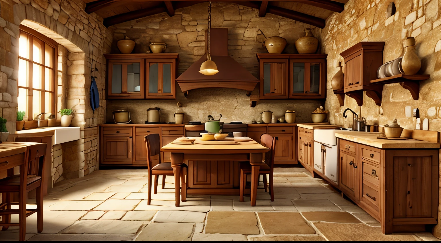 "An old medieval kitchen entirely in stone with a side table."