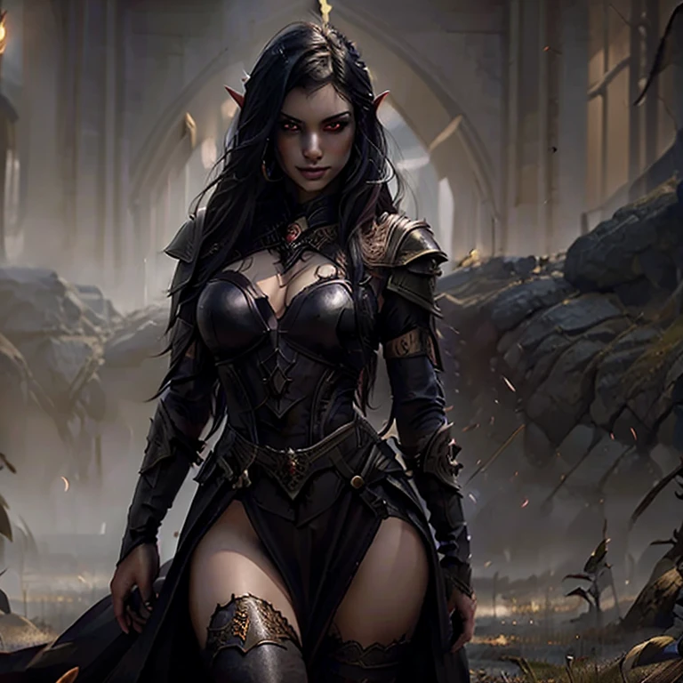 Dark elf woman in a majestic dress standing on a battlefield, she has ruby-red eyes and grey skin, black hair, polite smile, 35 years old, summoning magic, magical red light, ritual, extremely detailed artgerm, style artgerm, in style of artgerm, artgerm style, artgerm detailed, style of artgerm, aly fell and artgerm, samira from league of legends, drawn in the style of artgerm, artgerm lau