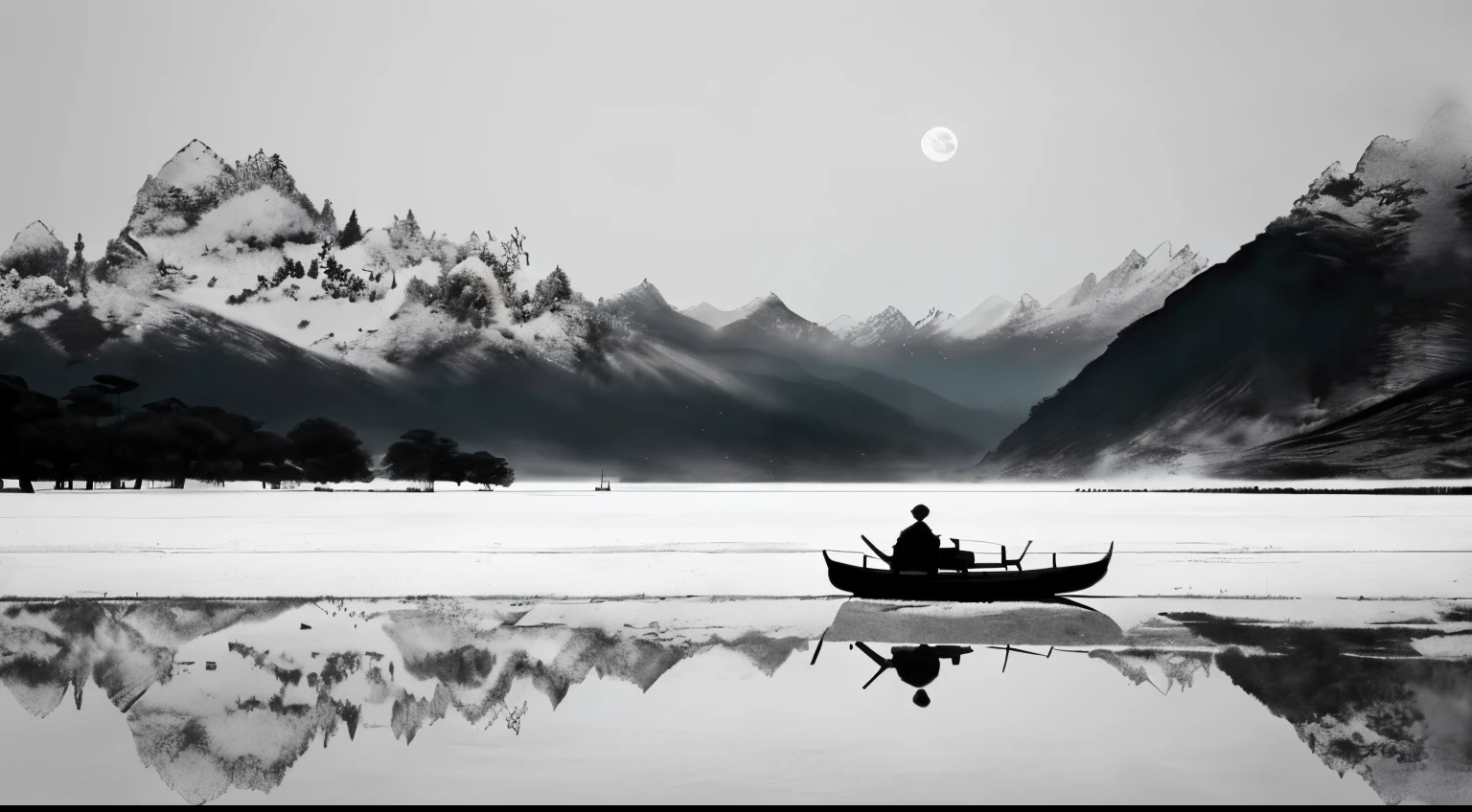 snowflower，Lonely old man sitting on boat fishing，Lake surface，Small broken boat，Bleak, Desolate, Sitting alone on a boat，A huge full moon rises over the horizon，eventide，wide wide shot，Cool moonlight，Black and white tones，The background is a snowy scene,There are dead trees on both sides of the picture， Traditional Chinese Ink Painting, Traditional Chinese art, author：Guo Xi, author：Ma Yuanyu, Traditional Chinese painting, author：Xu Xi, author：Luo Mu, author：Yang Buzhi, author：Li Kelan, author：Gu An, Ink painting ) ) ) ), Chinese ink painting, Chinese painting style