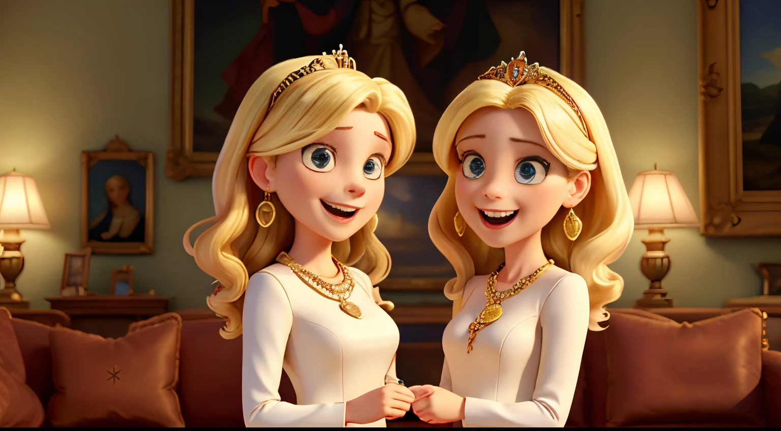 Two sisters with white skin and blonde hair, snake-like gazes, demonic laughter, dressed in luxurious attire with necklaces, earrings, and tiaras. In the background, there is the hall of a magnificent castle with royal leather sofas, luxurious lamps, and Renaissance paintings on the walls. Among the paintings, 'Liberty Leading the People' is prominently displayed.