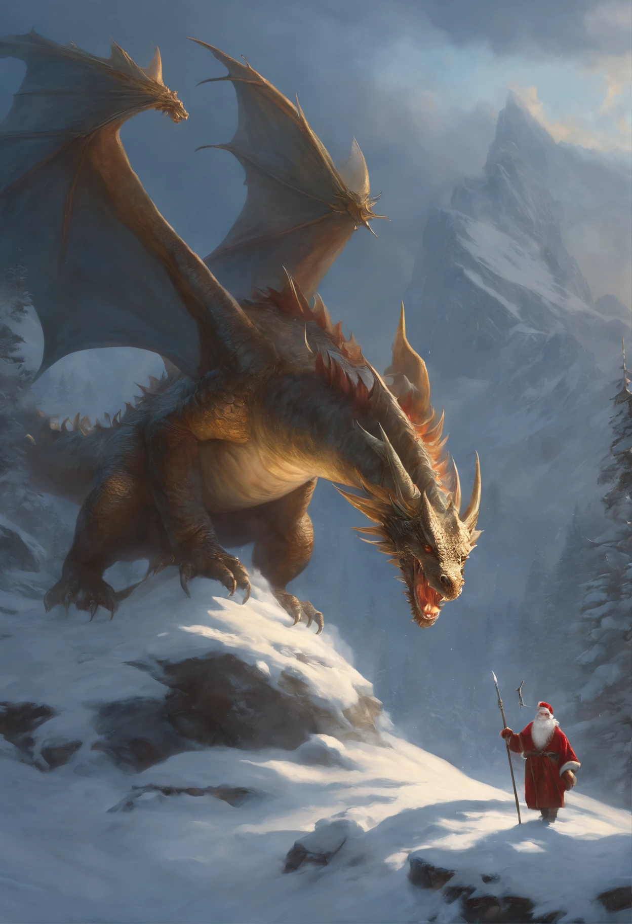 Santa Claus and dragon in a snowy landscape, Tolkien and Michael Komark, tuomas korpi and wlop, Santa, tyler edlin fantasy art, Dave Dorman, Ryan Barger, donato giancola, marc _ simonetti, marc simonetti and sakimicha, rob rey, by Cynthia Sheppard