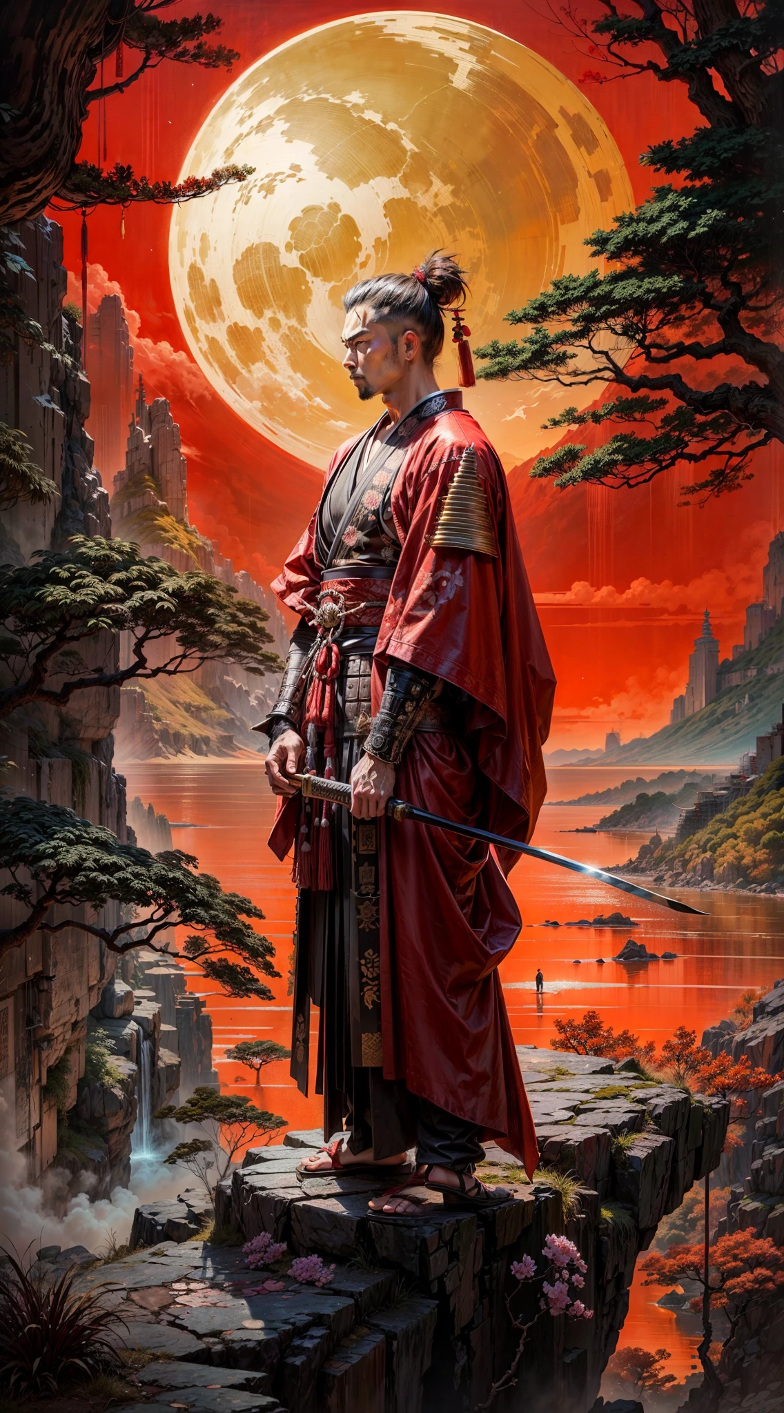 a painting of a man in a red robe standing on a cliff, inspired by Kanō Sanraku, inspired by Kanō Hōgai, samurai man vagabond, very beautiful cyberpunk samurai, samurai style, ancient japanese samurai, traditional japanese concept art, feudal japan art, samurai portrait, japanese art style, samurai warrior, japanese warrior, japanese samurai