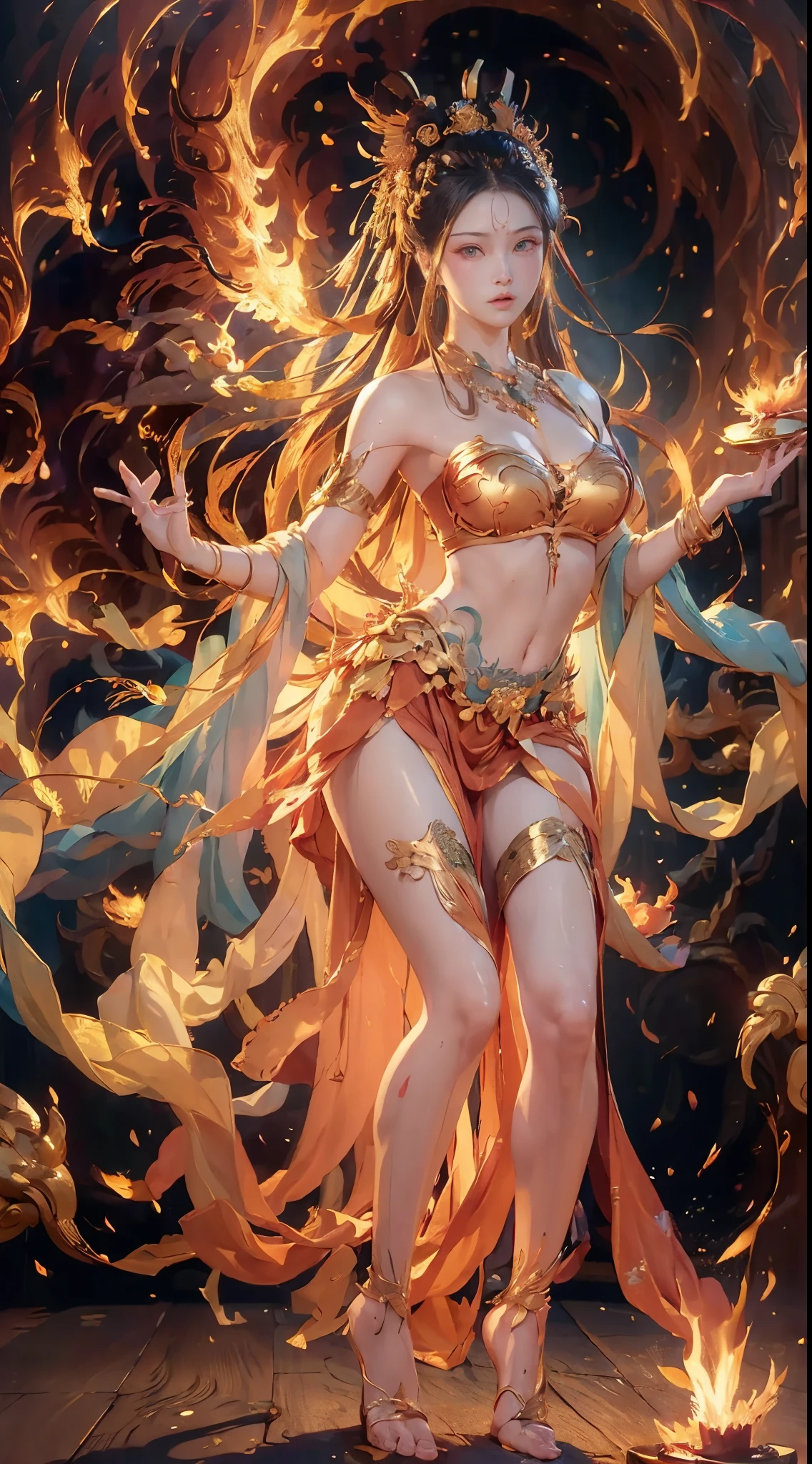 (Fullbody shot:1.5),(RAW photo, Best quality), (Realistic, photo-realistic:1.3), Highly detailed, Ultra-detailed, Small bra B cups，1girll, Dancing, Flame in her hand, Phoenix flame bird in background, Dynamic Angle, world mastery theater, Messy_Long_Hair, extremely detailed CG unity 8k wallpaper, ink, astounding, lenlare, dunhuang_Style, (big breasts beautiful+fanciful), (8k wallpaper:1.2+8k wallpaper:1.1), (art-style+art work) Perfect facial features, Super realistic, illustration, surrealism, cubismo, Best quality, Masterpiece, Best quality, High details, (2-legs,2-hand,5-finger in each hand)