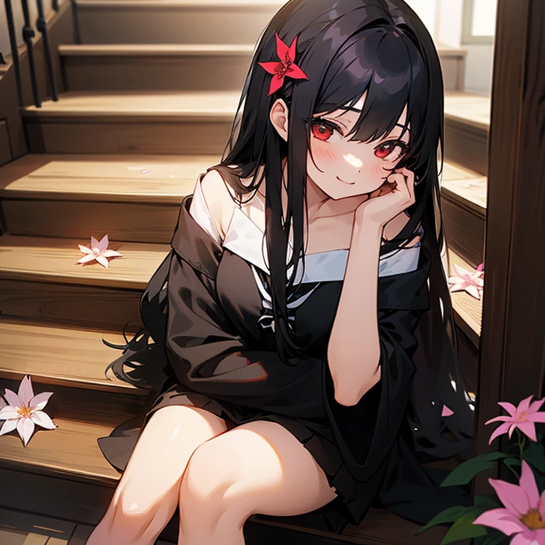 1girl, pretty, long black hair, young school girl, sitting at bland stair, empty room, red eyes, revealing shoulder, smile sweetly, clipped flower on hair, sexy