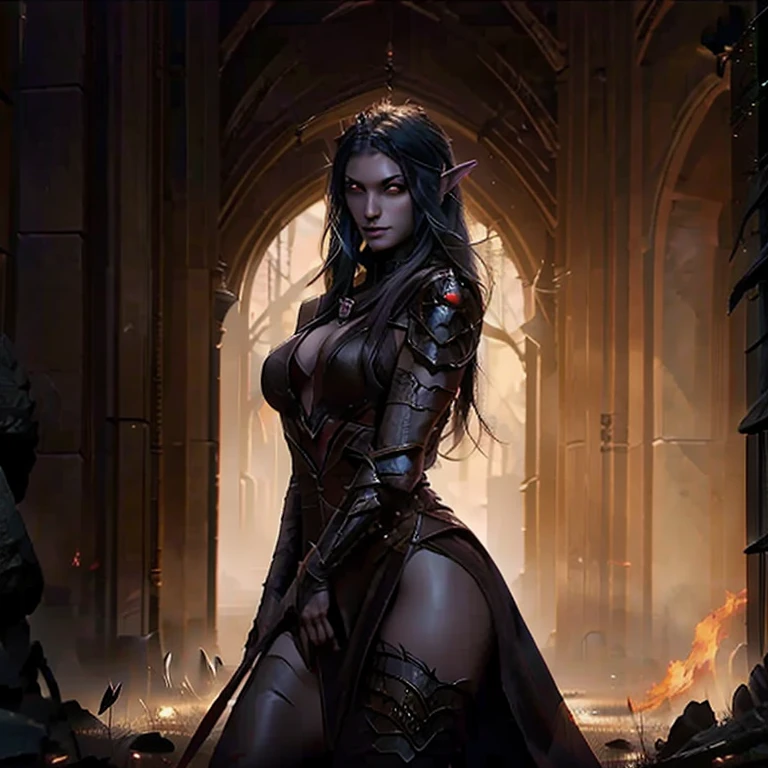 Dark elf woman in a majestic dress standing on a battlefield, she has ruby-red eyes and grey skin, black hair, polite smile, 35 years old, summoning fire magic, magical red light, ritual, extremely detailed artgerm, style artgerm, in style of artgerm, artgerm style, artgerm detailed, style of artgerm, aly fell and artgerm, samira from league of legends, drawn in the style of artgerm, artgerm lau