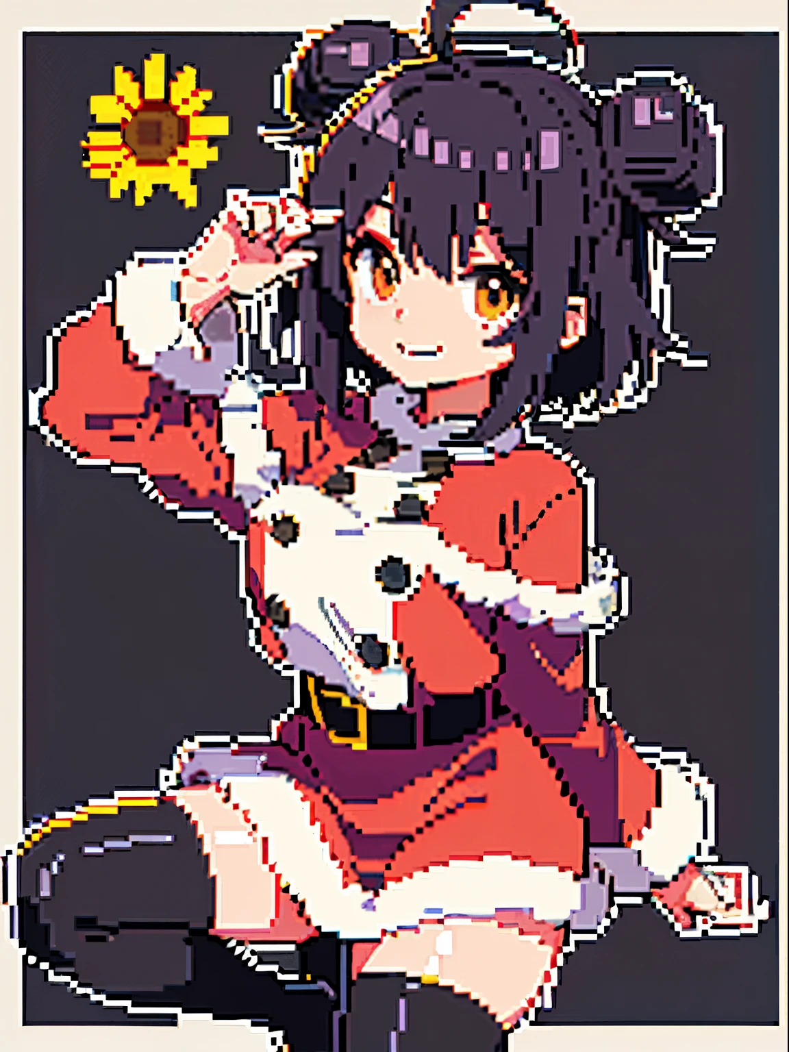 ((Best Quality)), (((masuter piece)))、solo、Perfect face,purple color hair、bobhair、shorthair,Two bun hairstyles、Ahoge、a smile、(Santa Claus Costume)、Oversized clothes、(((Black Knee High Socks)))、hoodie style costume、sunflower accessories、sunflower hair tie、((pixel art))、((Pixel art)),is standing、Head and body are low