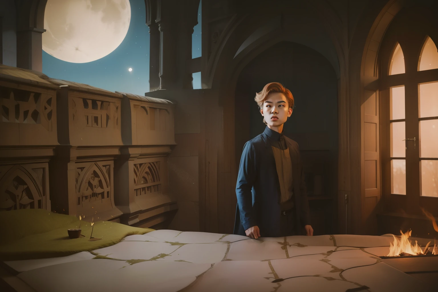 1136, Kingsbridge, England. otherworldly scene in a medieval monastery, ((((12-year-old)) Cameron Monaghan)), exploring, sneaking around, ((vigilant expression)), nighttime, full moon, ((((poor plain tunic from the 12th century)))), ((Hairstyle of the 12th century)), ((Wes Anderson cinematic style)), colorful
