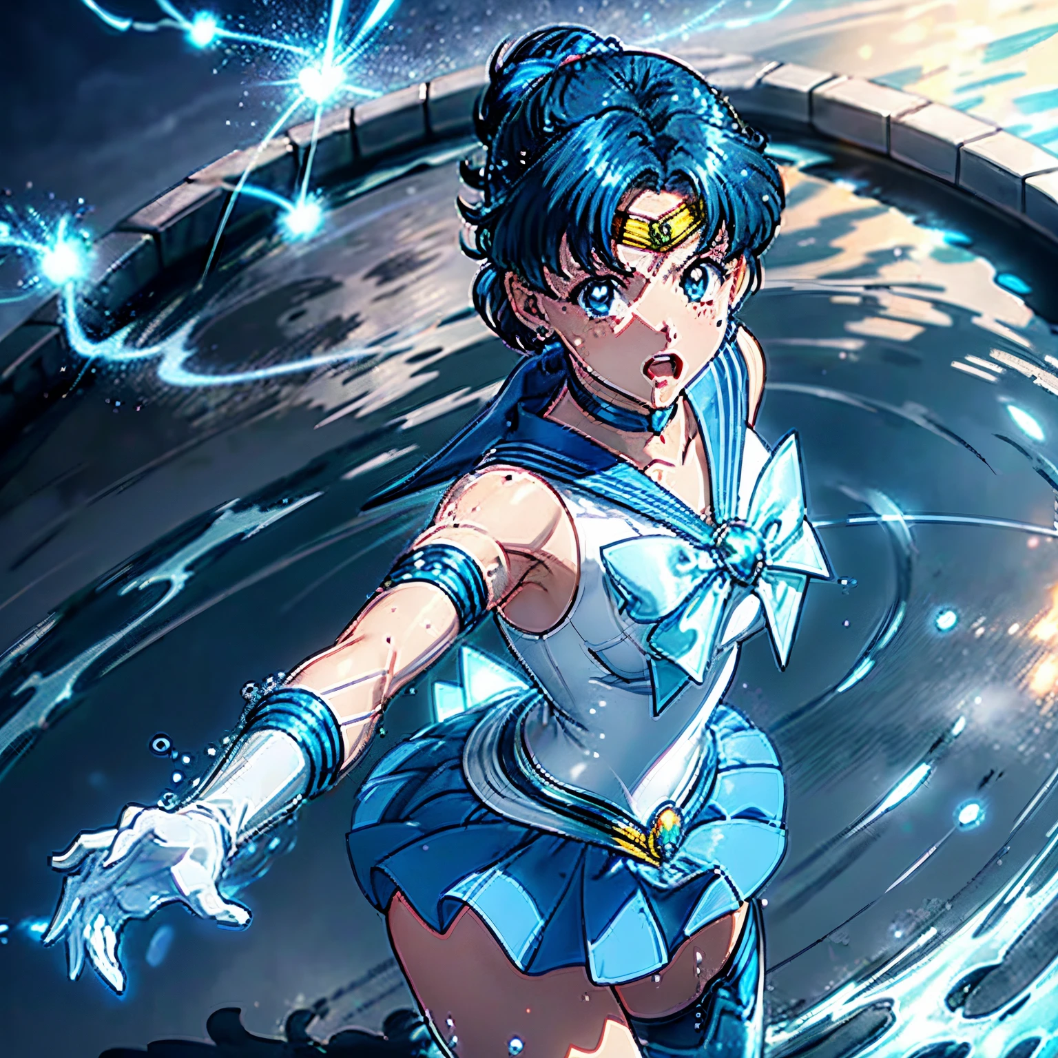 Epic cinematography, (battle in background city) , ((sailor mercury summoning water from her hands, fighting stance, determined face, gritted teeth)) mer1,tiara,sailor senshi uniform,blue sailor collar,bow,knee boots,choker,white gloves,blue choker,elbow gloves,jewelry,earrings,short blue skirt, wind blowing skirt, ((determined face)), ((white panty)) ,(nice butt), water flowing in circular fashion, , wide hips, ultra detailed, beautiful, highres, 1girl, Masterpiece, cowboy shot, perfect handeautiful detailed face), (detailed eyes:1.1), (blue electricity), (water bending), blue flames encircled