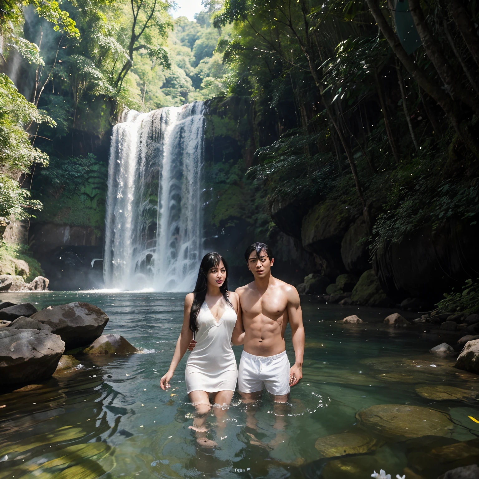 Full Asian women and men A handsome, muscular man, very handsome. A beautiful young woman with white skin and long black hair. She was wearing a light white Thai dress. shirtless man She and he were swimming in a waterfall in the middle of the forest, a clear blue waterfall, white flowers.