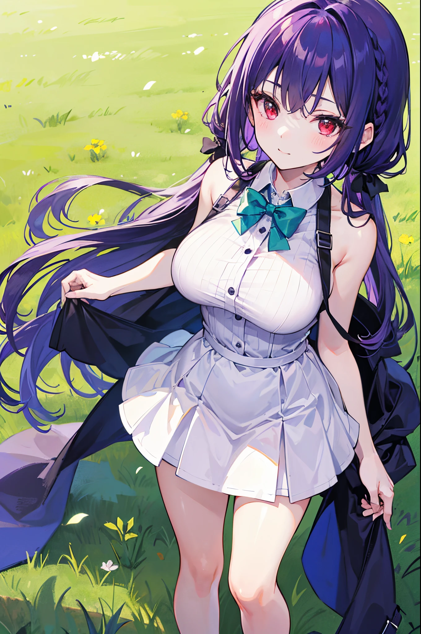 purple haired girl, 25 years old,  body, red eyes long hair,Green braid tied in bows left and right.........Big breasts..,, Wear a blue sleeveless shirt......button up.  White short skirt, Walk on the grass with a slight smile on your face......................