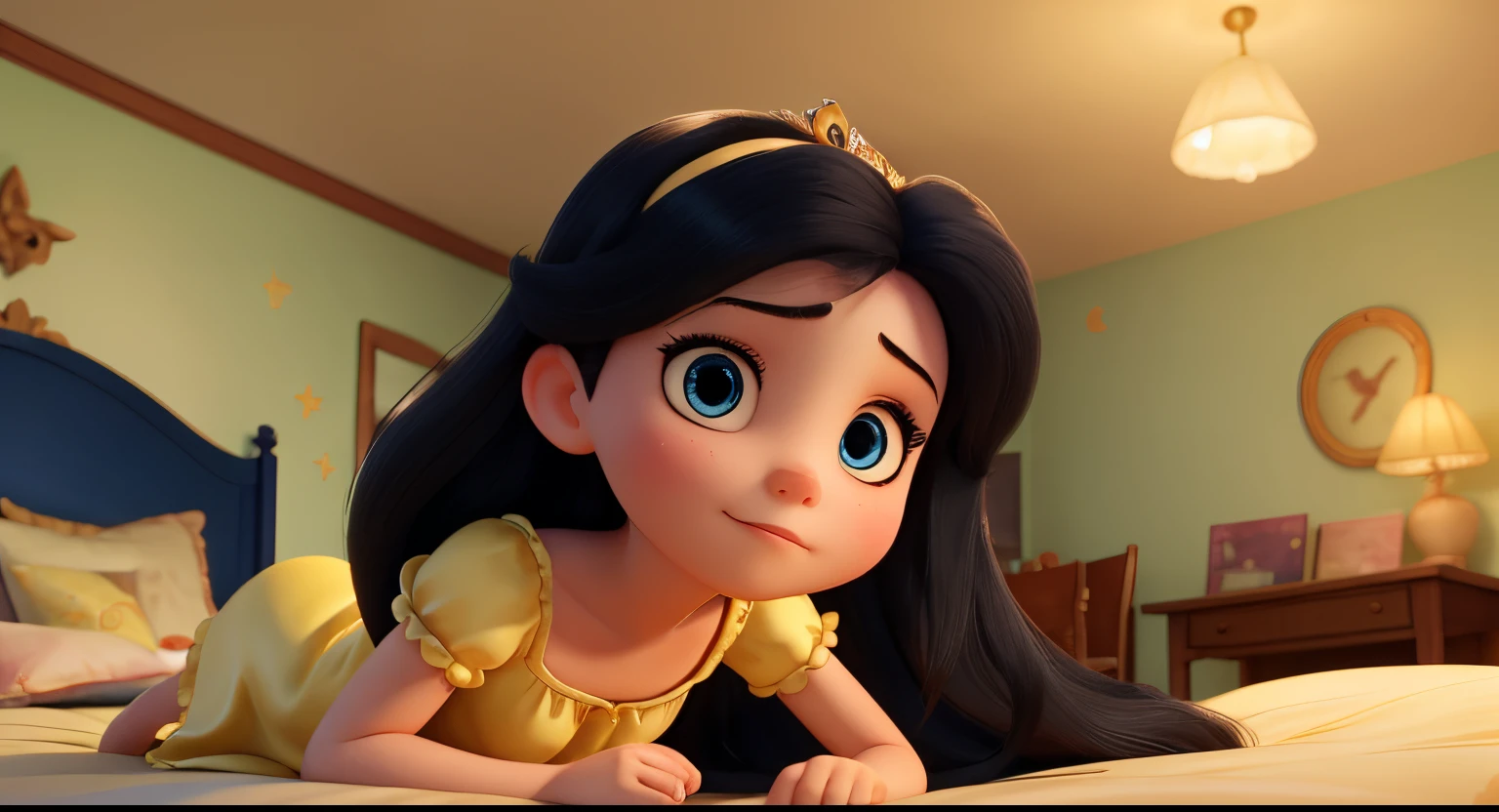 At nights, The good princess Cinderella has long black hair, blue eyes, fair skin. She wears a yellow dress. The princess lying on the bed with a sad expression, her face downcast, her gaze towards the ceiling. Cinderella has a dress completely dirty with ashes."