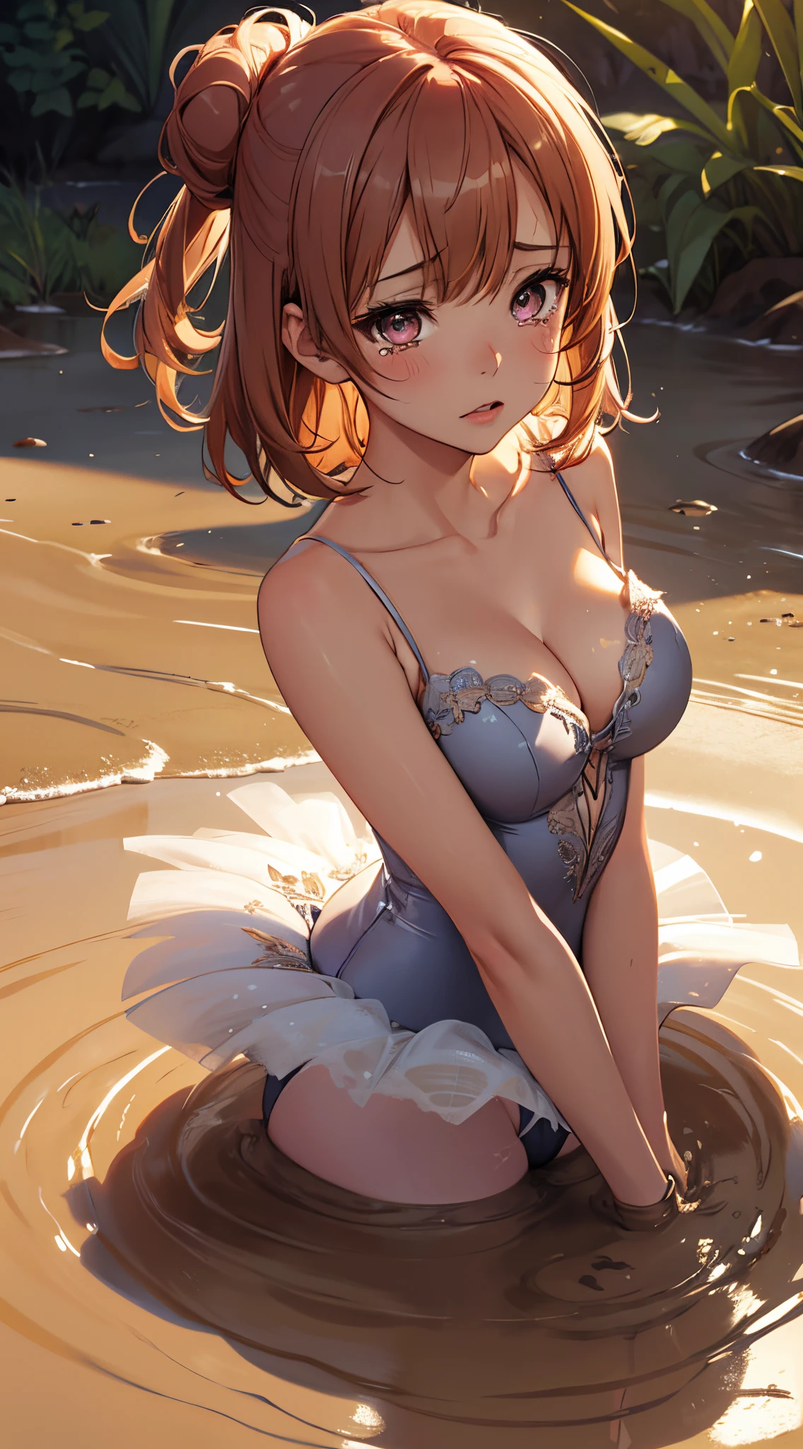 1girl, solo, masterpiece, best quality, high res, highly detailed, (illustration), beatiful detailed eyes, yuigahama yui, single hair bun, glossy lips, light makeup, scared, (tears), (ballerina), sleeveless leotard, cleavage, (tutu), (quicksand:1.3)