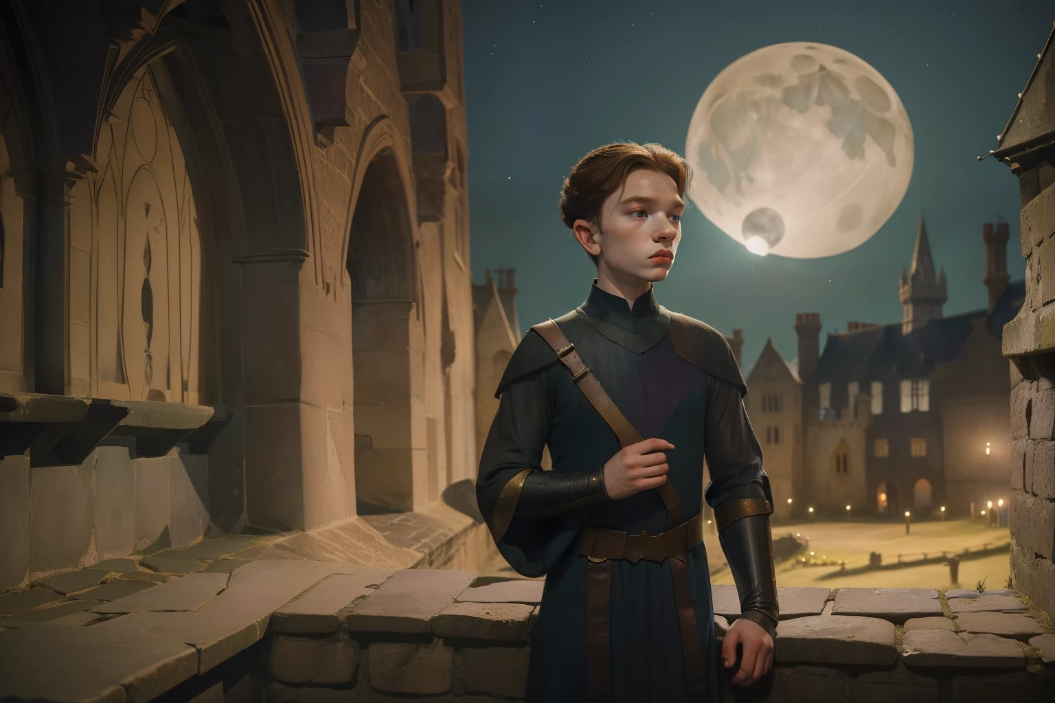 1136, Kingsbridge, England. otherworldly scene in a medieval monastery, ((((12-year-old)) Cameron Monaghan)), exploring, sneaking around, vigilant expression, nighttime, full moon, ((((poor plain tunic from the 12th century)))), ((Hairstyle of the 12th century)), ((Wes Anderson cinematic style)), colorful