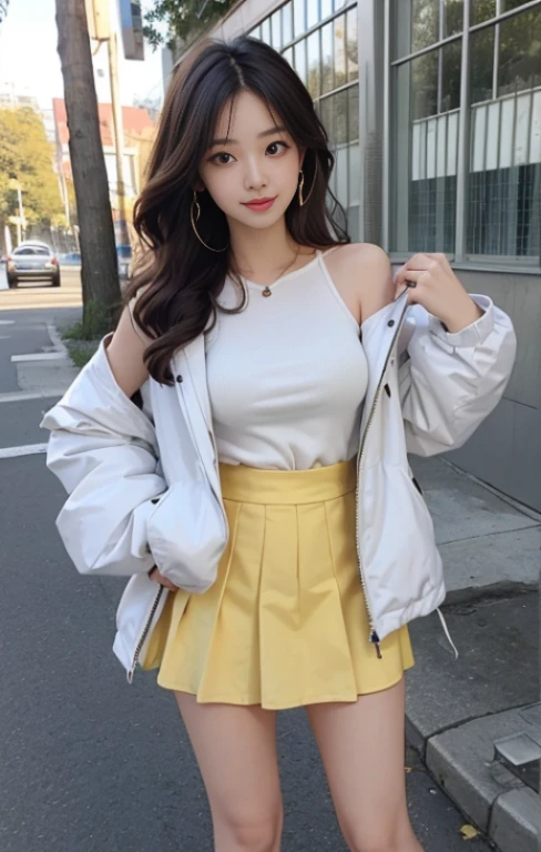 top-quality、masterpiece、超A high resolution、Photorealsitic、Raw foto、1girl in、Sexy appearance、Hair all the way past the shoulders、The lower half is curled and sauvage、Cute smile like a model、frontage、Hair color is blonde、Tight yellow mini skirt、Ordinary high heels、Eyes are double、Wearing mascara、Cute pose like a model、Clear face、Standing in a large park on a sunny day、The season is winter、wear a trendy white down jacket、Tight yellow mini skirt、