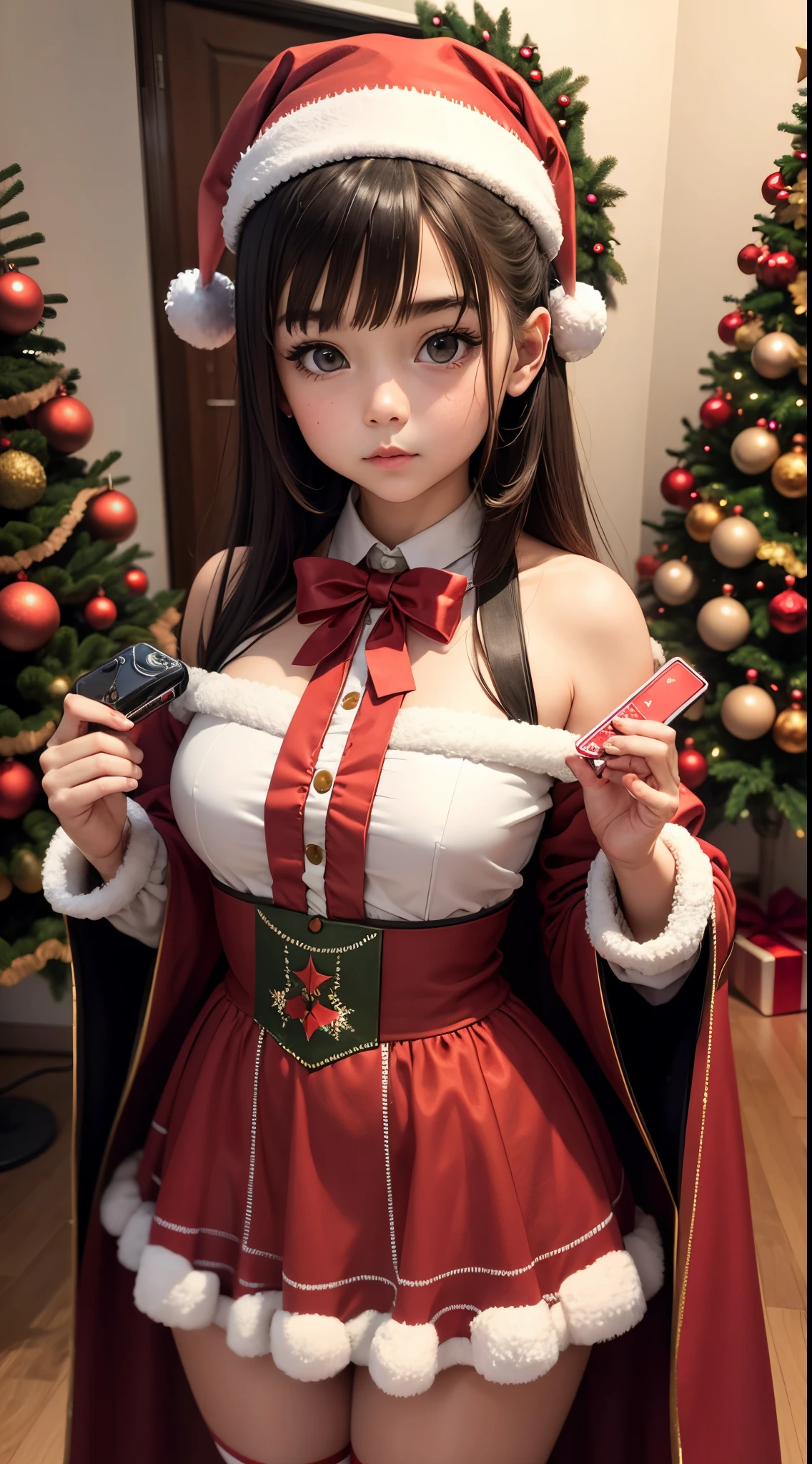 A girl in a festive costume stands by the Christmas tree and holds a rectangle.