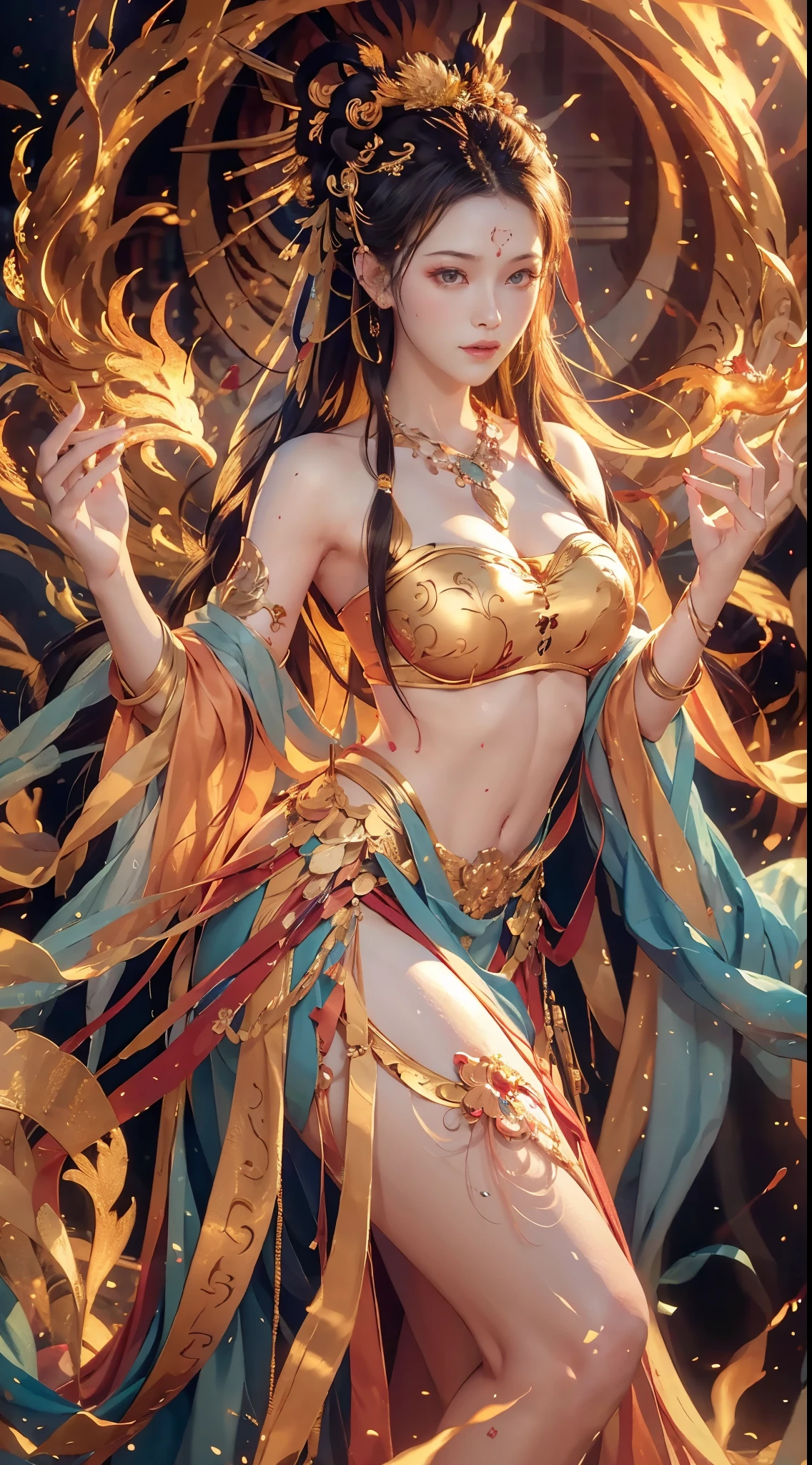 (Fullbody shot:1.1),(RAW photo, Best quality), (Realistic, photo-realistic:1.3), Highly detailed, Ultra-detailed, Small bra B cups，1girll, beautiful face, high detailed face, smile, Dancing, Flame in her hand, Phoenix flame bird in background, Dynamic Angle, world mastery theater, Messy_Long_Hair, extremely detailed CG unity 8k wallpaper, ink, astounding, lenlare, dunhuang_Style, (big breasts beautiful+fanciful), (8k wallpaper:1.2+8k wallpaper:1.1), (art-style+art work) Perfect facial features, Super realistic, illustration, surrealism, cubismo, Best quality, Masterpiece, Best quality, High details, (2-legs,2-hand,5-finger in each hand)