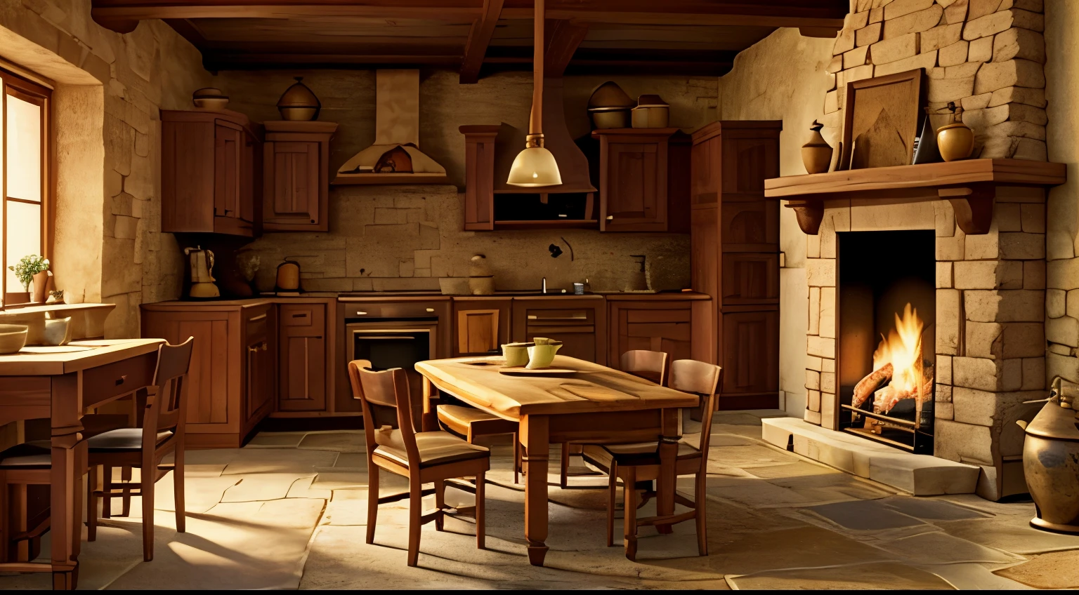 An old medieval stone kitchen, with a table on the right and a extinguished fireplace with a pot on the left, and a dining area