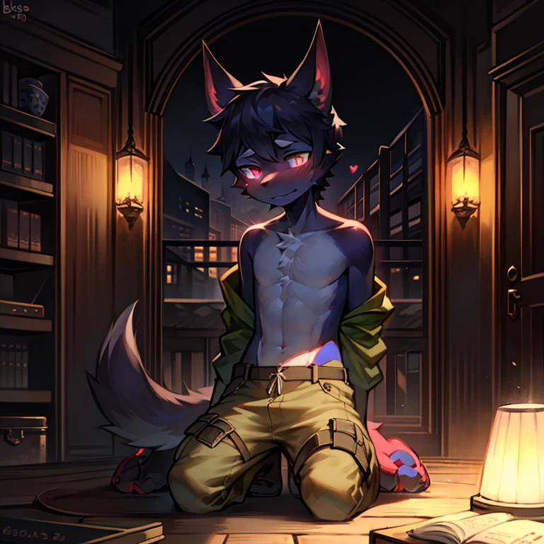 Alone, male people, Upper part of the body，cargo pants, convex, a dog, Doberman,Slim, 黑The eye, glowing light eyes, ,bowl cut,   Weak, by bebebebebe, author：peak, by dark gems, author：Mystic Fox 61, author：Chunni, everlasting,  Kneel on your back，Pink meat pad，bedridden，He has a shy expression on his face