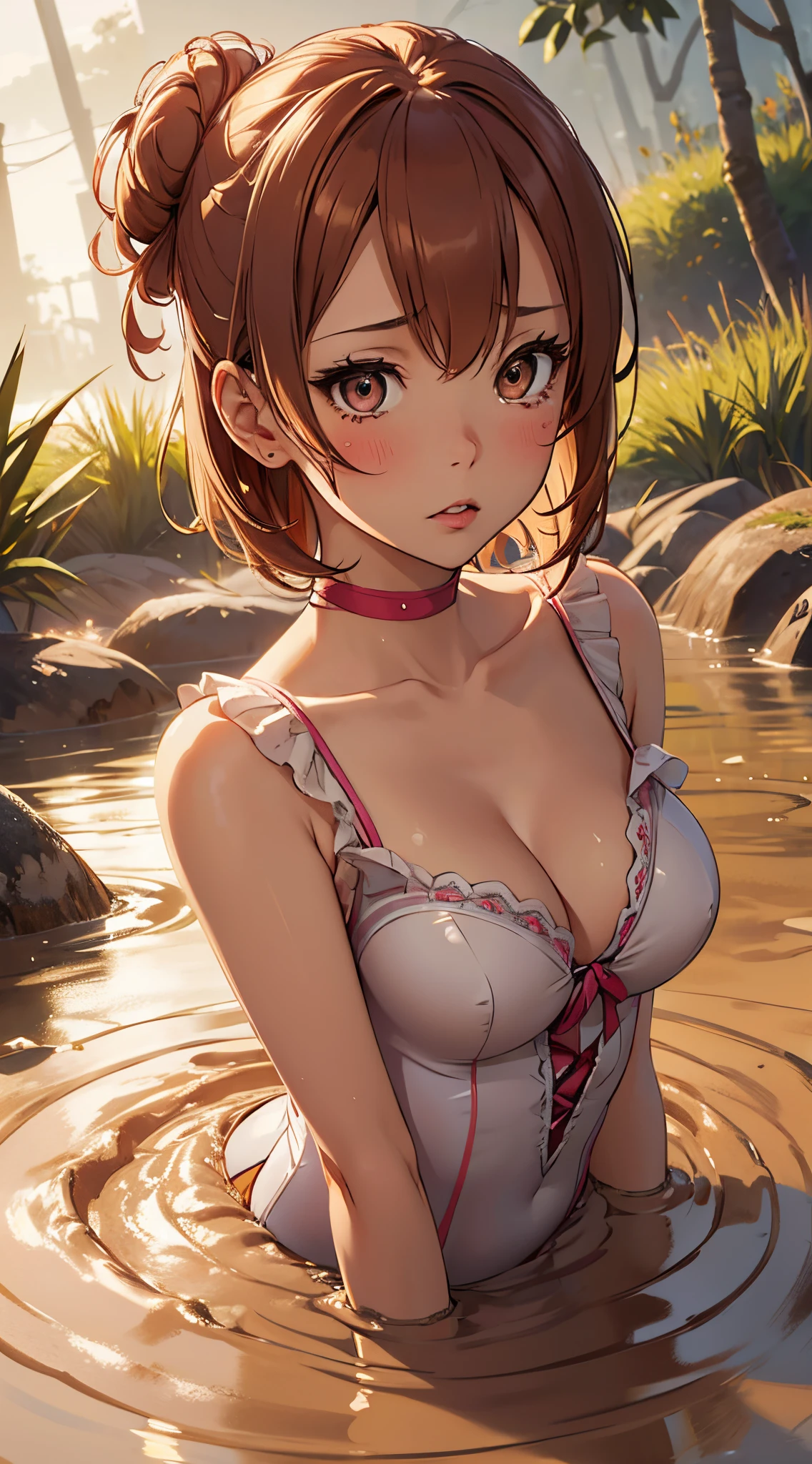 1girl, solo, masterpiece, best quality, high res, highly detailed, (illustration), beatiful detailed eyes, yuigahama yui, single hair bun, glossy lips, light makeup, scared, (ballerina), sleeveless leotard, cleavage, (mostly submerged), (quicksand:1.3), (tears)