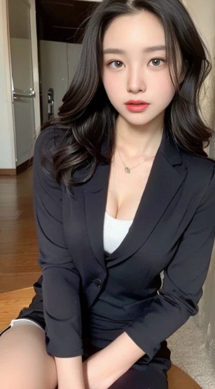 A woman with the same face as last time，４Ｋ、１Man Woman、Slender Abs、Loose wavy styling、Please express it beautifully in every detail..........having clothes are worn、Wearing a suit、Wearing a skirt、legs crossed、full body Esbian.Attractive position、 Including face and skin texture.，Detailed eyes、Seducting look