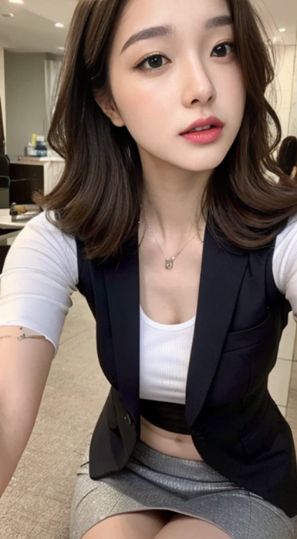 A woman with the same face as last time,4K、1Man Woman、Slender Abs、Loose wavy styling、Please express it beautifully in every detail..........having clothes are worn、Wearing a suit、Wearing a skirt、legs crossed、full body Esbian.Attractive position、 Including face and skin texture.,Detailed eyes、Seducting look