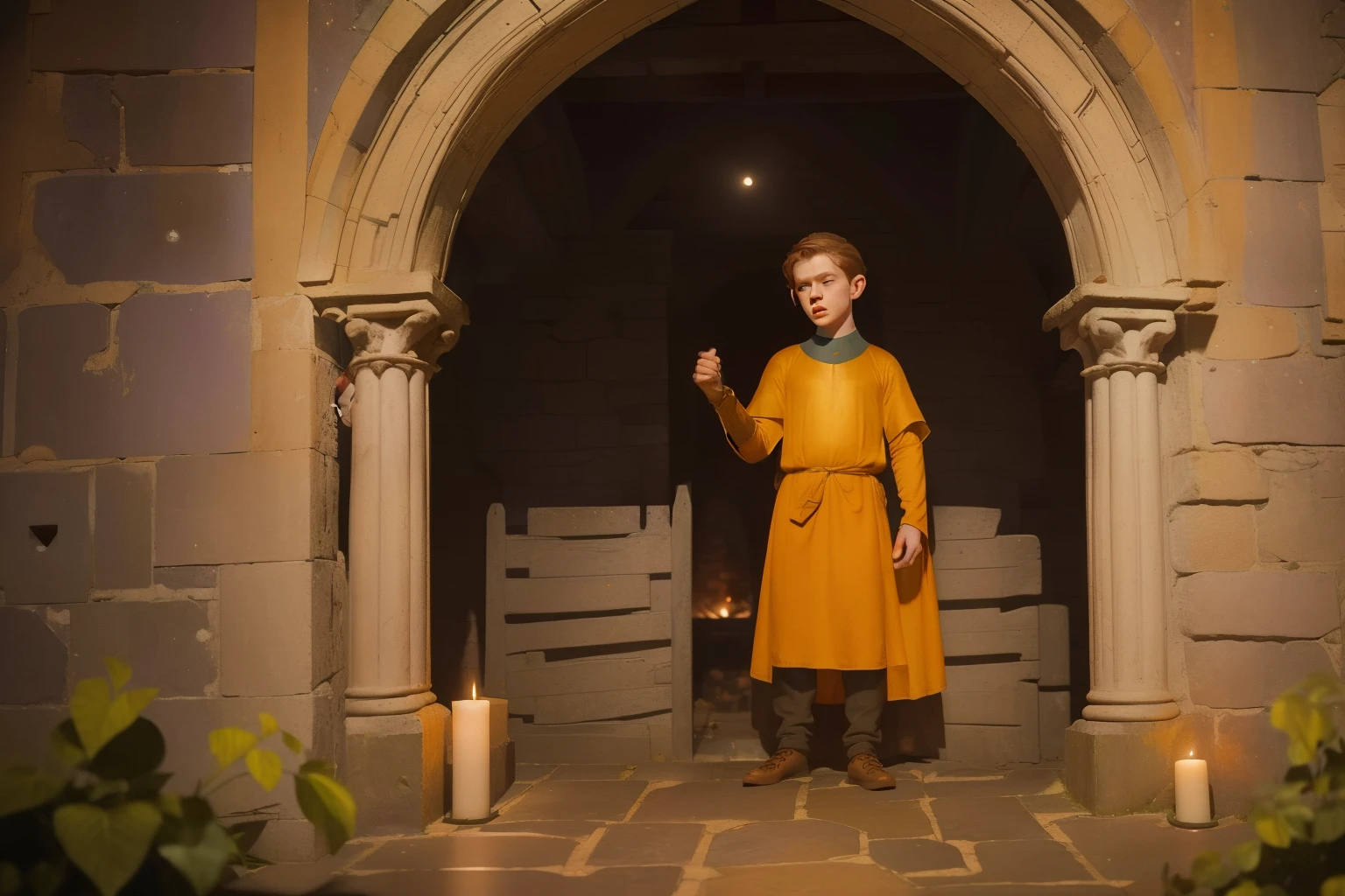 1136, Kingsbridge, England. otherworldly scene in a medieval monastery, ((((12-year-old)) Cameron Monaghan)), exploring, sneaking around, vigilant expression, making a fire, nighttime, full moon, ((((poor plain tunic from the 12th century)))), ((Hairstyle of the 12th century)), ((Wes Anderson cinematic style)), colorful