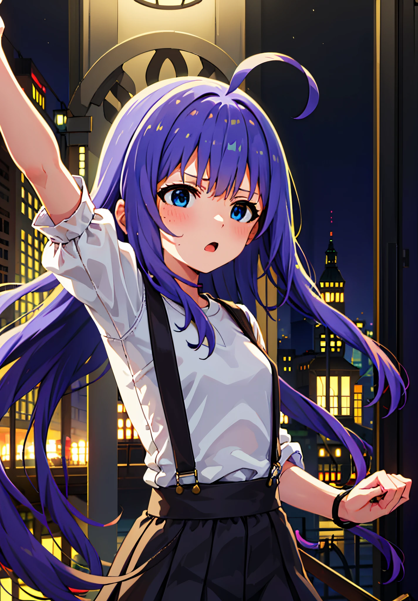{{{{{mochizuki anna}}}}},1girl,solo,long hair,purple hair,small_ahoge,blue eyes.short stature.white t-shirts.suspenders.skirt.(((masterpiece))).(((best quality))).((ultra-detailed))).(((illustration))).small Breasts.raising one arm