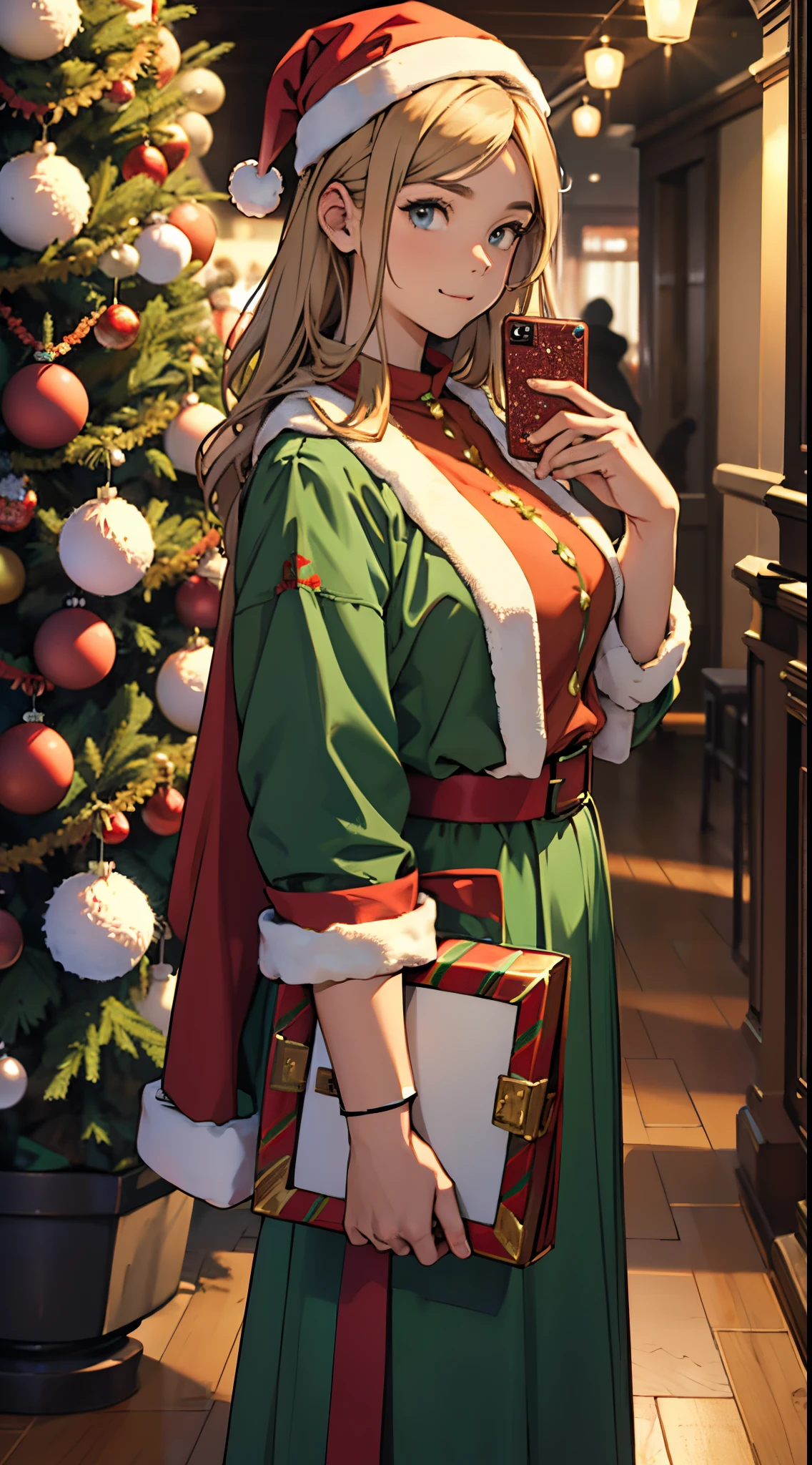A girl in a festive costume stands by the Christmas tree and holds a rectangle..