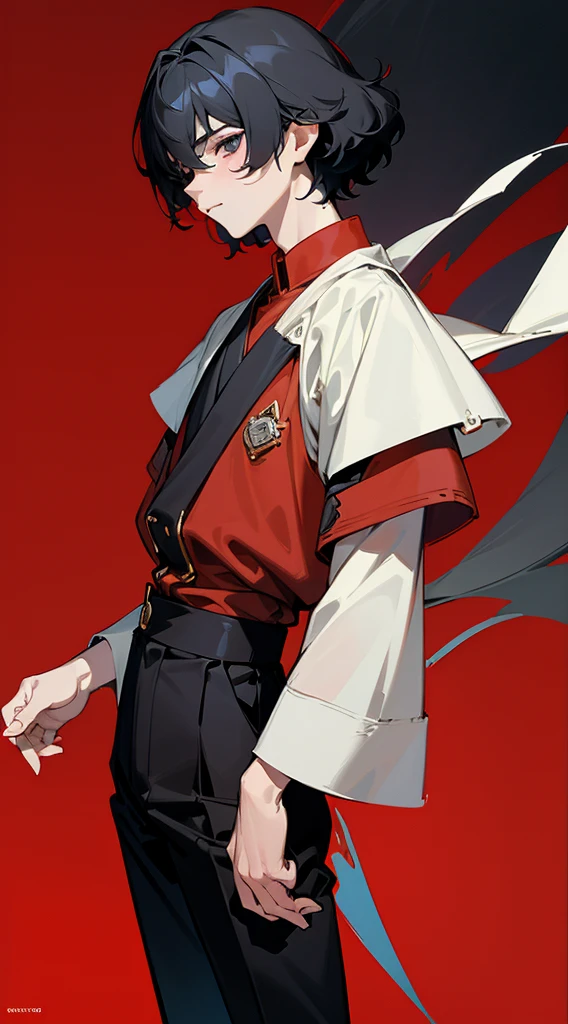 illustration, 2.5D, flat colors: 1.3, Line-Art, black and white, (detailed lights, detailed shadows),a close up of a person wearing a red shirt and black pants, hsiao-ron, mark lee, cai xukun, he wears an eyepatch, delicate androgynous prince, photo from vogue magazine, steven meisel, hyung tae, vman magazine, with a squid tattoo on his arms, steven klein, beautiful androgynous prince, for gq,((modern clothes )) Looking at the Viewer, looking at the camera