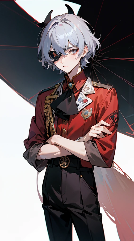 illustration, 2.5D, flat colors: 1.3, Line-Art, black and white, (detailed lights, detailed shadows),a close up of a person wearing a red shirt and black pants, hsiao-ron, mark lee, cai xukun, he wears an eyepatch, delicate androgynous prince, photo from vogue magazine, steven meisel, hyung tae, vman magazine, with a squid tattoo on his arms, steven klein, beautiful androgynous prince, for gq,((modern clothes )) Looking at the Viewer, looking at the camera