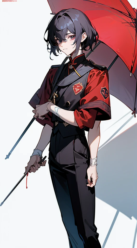 illustration, 2.5D, flat colors: 1.3, Line-Art, black and white, (detailed lights, detailed shadows),a close up of a person wearing a red shirt and black pants, hsiao-ron, mark lee, cai xukun, he wears an eyepatch, delicate androgynous prince, photo from vogue magazine, steven meisel, hyung tae, vman magazine, with a squid tattoo on his arms, steven klein, beautiful androgynous prince, for gq,((modern clothes )) Looking at the Viewer, looking at the camera