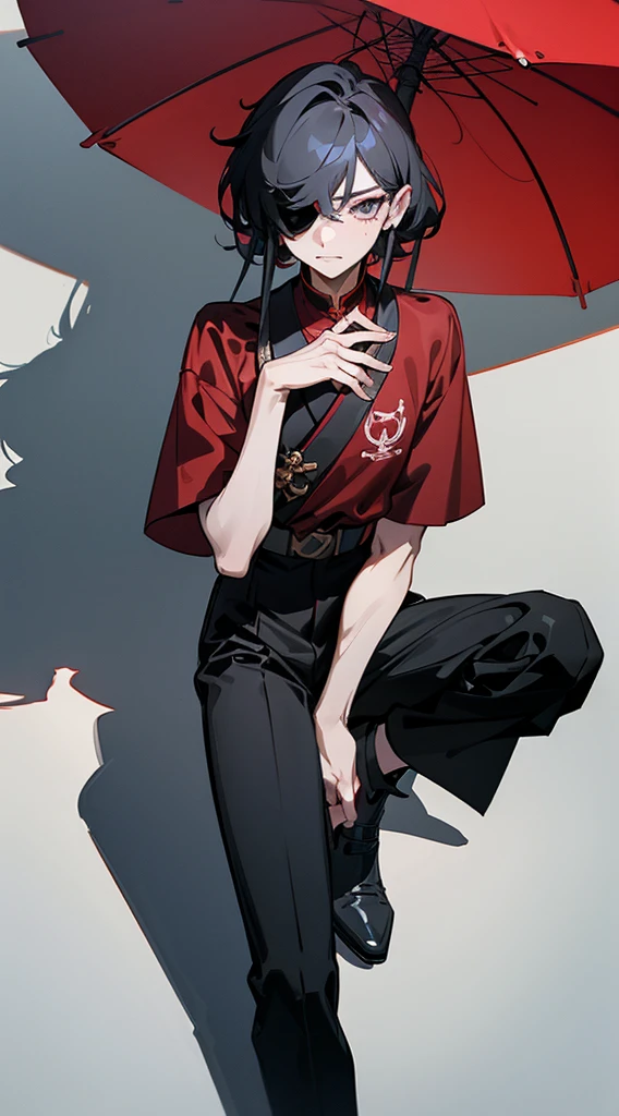 illustration, 2.5D, flat colors: 1.3, Line-Art, black and white, (detailed lights, detailed shadows),a close up of a person wearing a red shirt and black pants, hsiao-ron, mark lee, cai xukun, he wears an eyepatch, delicate androgynous prince, photo from vogue magazine, steven meisel, hyung tae, vman magazine, with a squid tattoo on his arms, steven klein, beautiful androgynous prince, for gq,((modern clothes )) Looking at the Viewer, looking at the camera
